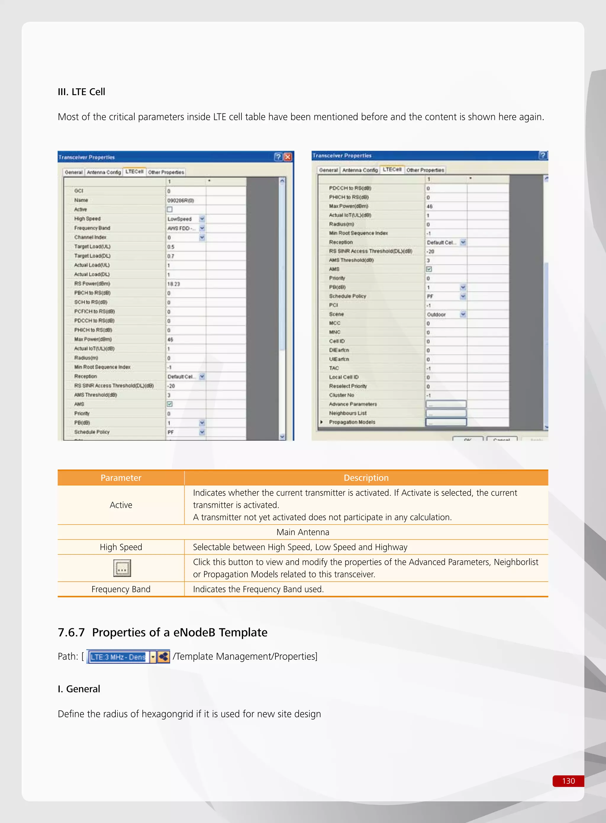 130
III. LTE Cell
Most of the critical parameters inside LTE cell table have been mentioned before and the content is shown here again.
Parameter Description
Active
Indicates whether the current transmitter is activated. If Activate is selected, the current
transmitter is activated.
A transmitter not yet activated does not participate in any calculation.
Main Antenna
High Speed Selectable between High Speed, Low Speed and Highway
Click this button to view and modify the properties of the Advanced Parameters, Neighborlist
or Propagation Models related to this transceiver.
Frequency Band Indicates the Frequency Band used.
7.6.7 Properties of a eNodeB Template
Path: [ /Template Management/Properties]
I. General
Define the radius of hexagongrid if it is used for new site design
 