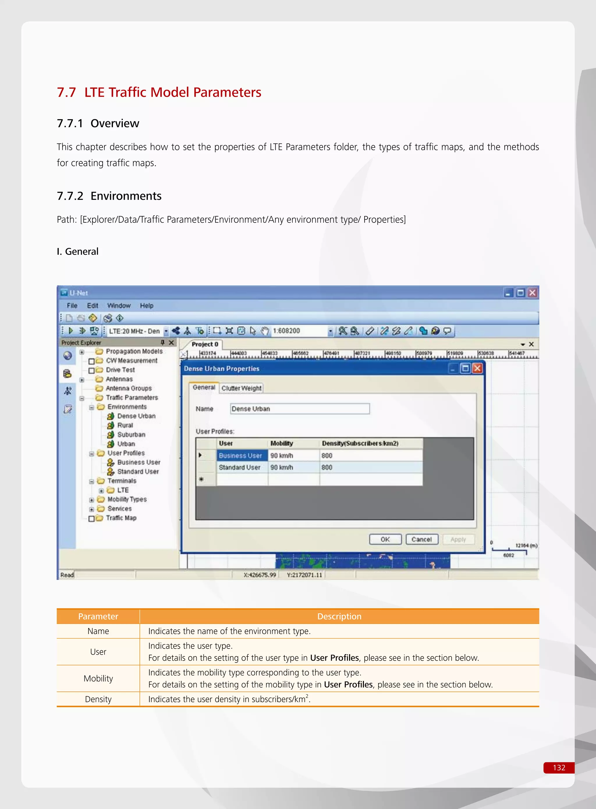132
7.7 LTE Traffic Model Parameters
7.7.1 Overview
This chapter describes how to set the properties of LTE Parameters folder, the types of traffic maps, and the methods
for creating traffic maps.
7.7.2 Environments
Path: [Explorer/Data/Traffic Parameters/Environment/Any environment type/ Properties]
I. General
Parameter Description
Name Indicates the name of the environment type.
User
Indicates the user type.
For details on the setting of the user type in User Profiles, please see in the section below.
Mobility
Indicates the mobility type corresponding to the user type.
For details on the setting of the mobility type in User Profiles, please see in the section below.
Density Indicates the user density in subscribers/km2
.
 