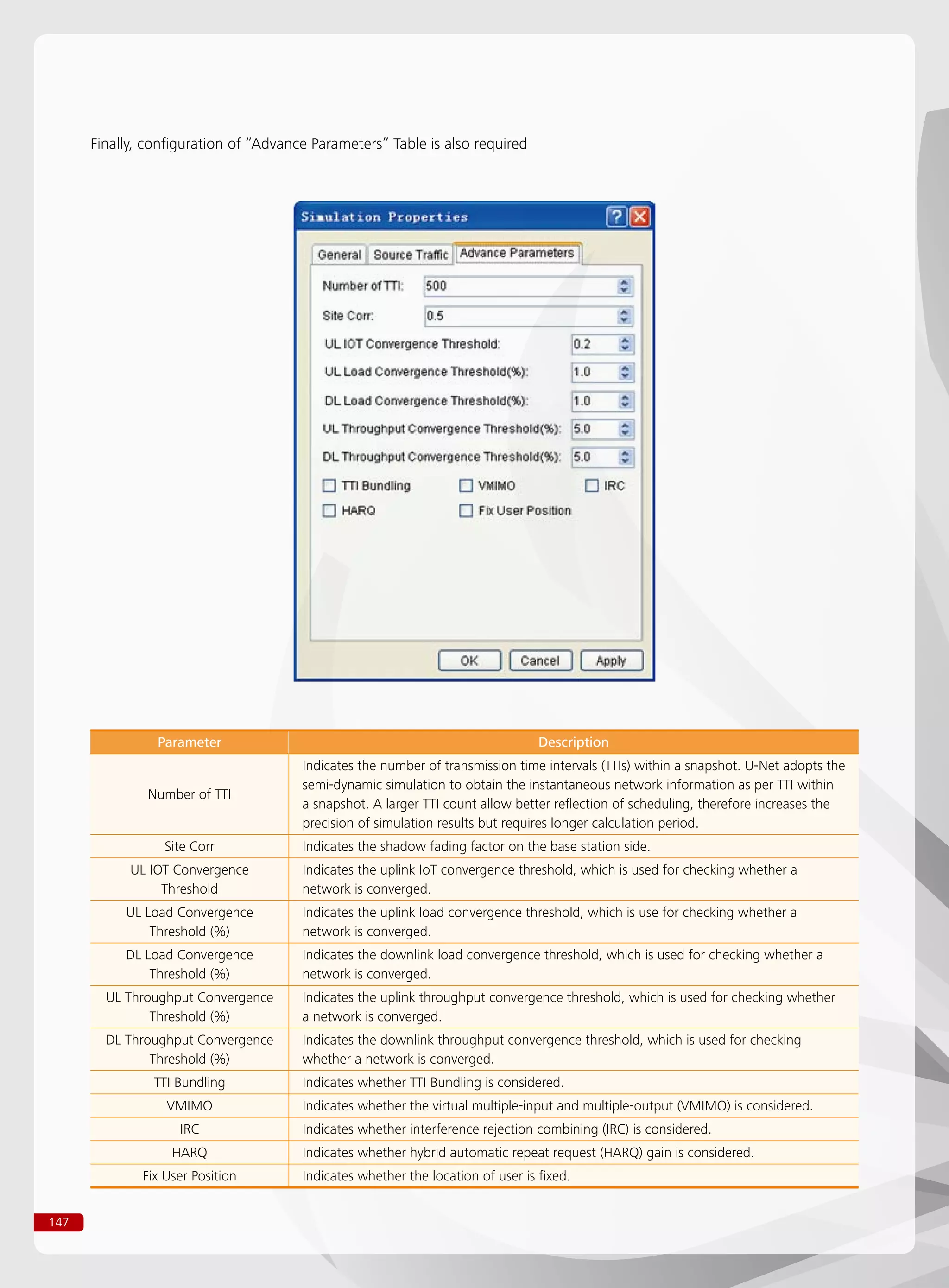 147
Finally, configuration of “Advance Parameters” Table is also required
Parameter Description
Number of TTI
Indicates the number of transmission time intervals (TTIs) within a snapshot. U-Net adopts the
semi-dynamic simulation to obtain the instantaneous network information as per TTI within
a snapshot. A larger TTI count allow better reflection of scheduling, therefore increases the
precision of simulation results but requires longer calculation period.
Site Corr Indicates the shadow fading factor on the base station side.
UL IOT Convergence
Threshold
Indicates the uplink IoT convergence threshold, which is used for checking whether a
network is converged.
UL Load Convergence
Threshold (%)
Indicates the uplink load convergence threshold, which is use for checking whether a
network is converged.
DL Load Convergence
Threshold (%)
Indicates the downlink load convergence threshold, which is used for checking whether a
network is converged.
UL Throughput Convergence
Threshold (%)
Indicates the uplink throughput convergence threshold, which is used for checking whether
a network is converged.
DL Throughput Convergence
Threshold (%)
Indicates the downlink throughput convergence threshold, which is used for checking
whether a network is converged.
TTI Bundling Indicates whether TTI Bundling is considered.
VMIMO Indicates whether the virtual multiple-input and multiple-output (VMIMO) is considered.
IRC Indicates whether interference rejection combining (IRC) is considered.
HARQ Indicates whether hybrid automatic repeat request (HARQ) gain is considered.
Fix User Position Indicates whether the location of user is fixed.
 
