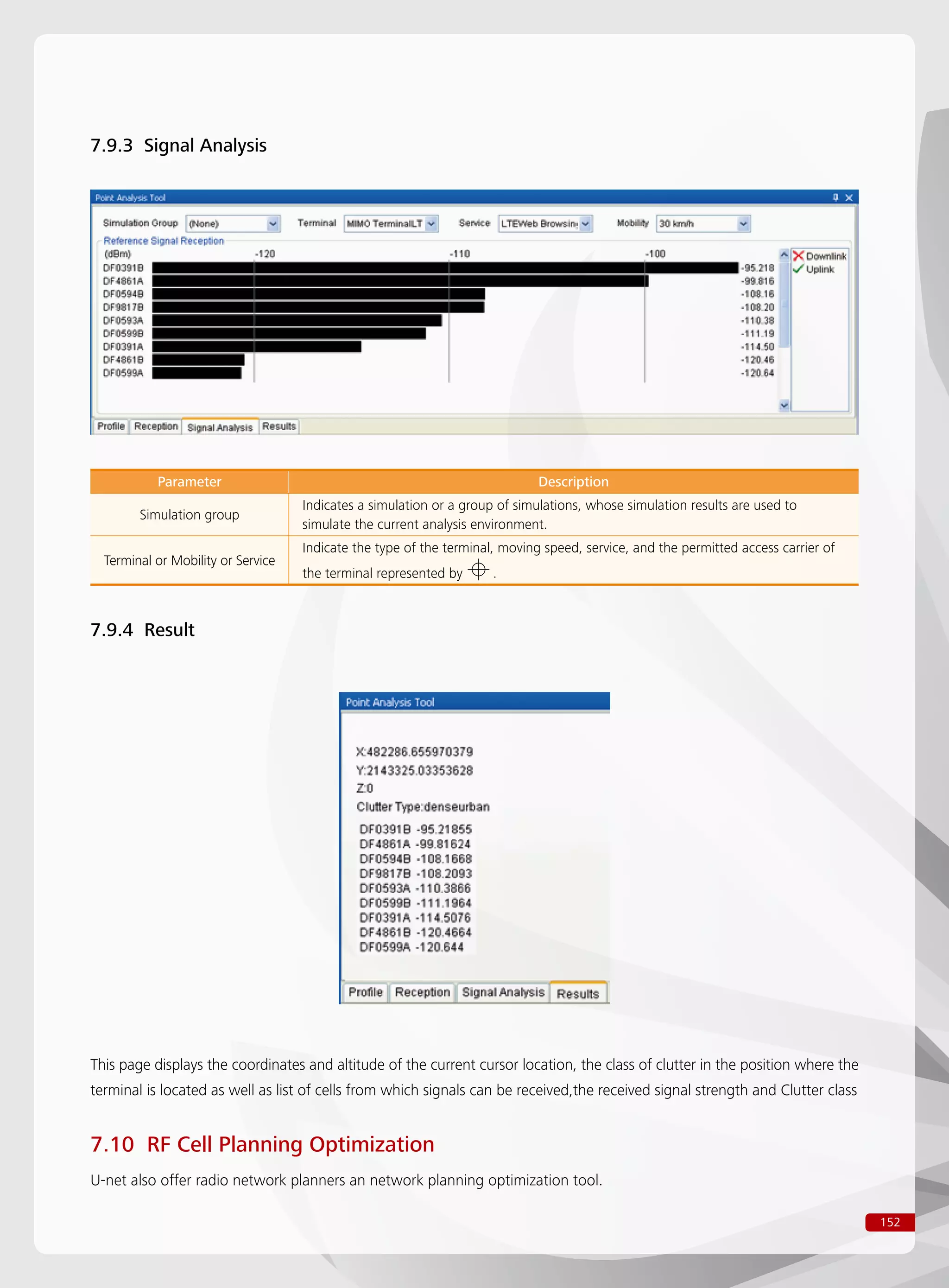 152
7.9.3 Signal Analysis
Parameter Description
Simulation group
Indicates a simulation or a group of simulations, whose simulation results are used to
simulate the current analysis environment.
Terminal or Mobility or Service
Indicate the type of the terminal, moving speed, service, and the permitted access carrier of
the terminal represented by .
7.9.4 Result
This page displays the coordinates and altitude of the current cursor location, the class of clutter in the position where the
terminal is located as well as list of cells from which signals can be received,the received signal strength and Clutter class
7.10 RF Cell Planning Optimization
U-net also offer radio network planners an network planning optimization tool.
 