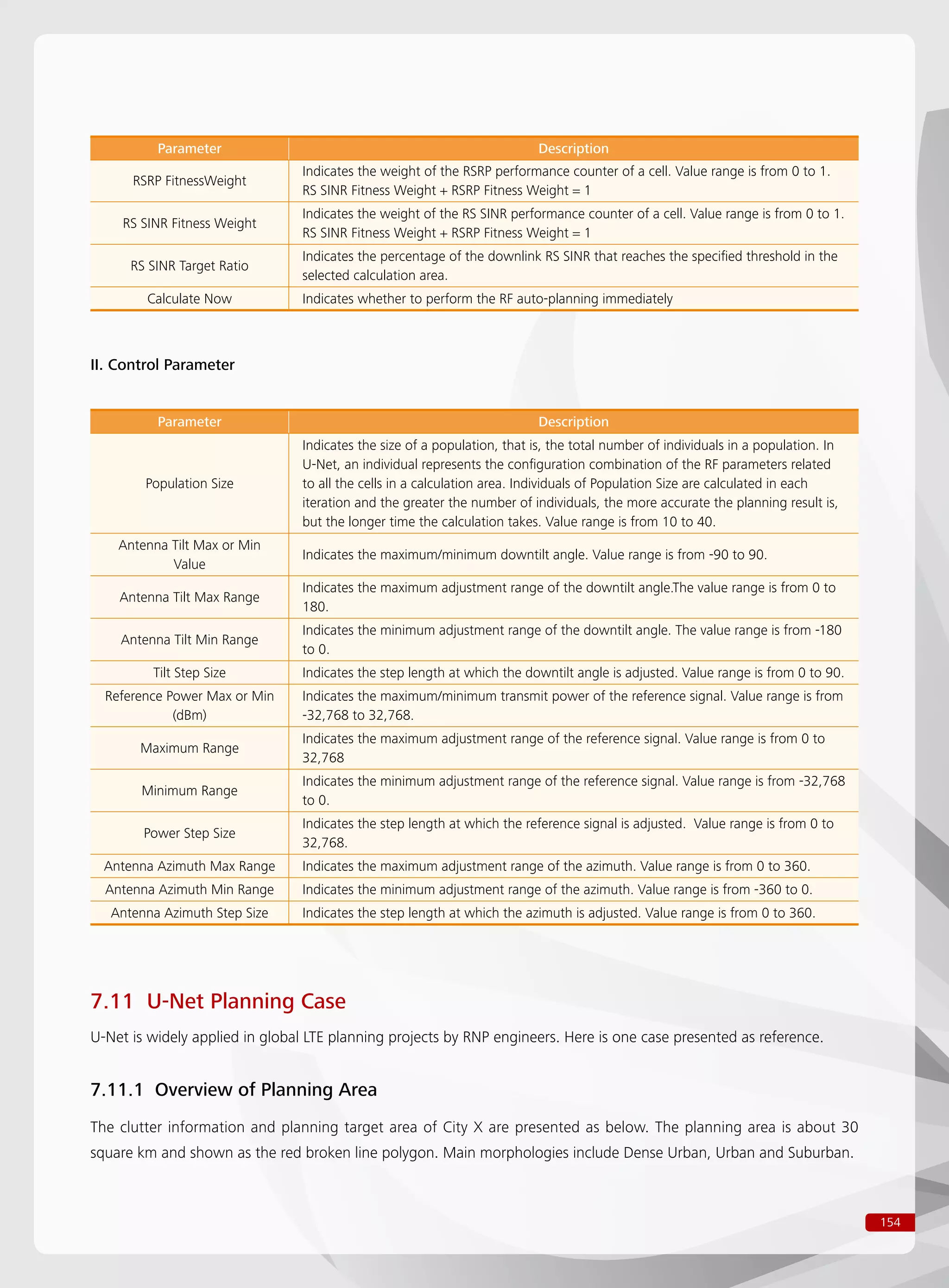 154
Parameter Description
RSRP FitnessWeight
Indicates the weight of the RSRP performance counter of a cell. Value range is from 0 to 1.
RS SINR Fitness Weight + RSRP Fitness Weight = 1
RS SINR Fitness Weight
Indicates the weight of the RS SINR performance counter of a cell. Value range is from 0 to 1.
RS SINR Fitness Weight + RSRP Fitness Weight = 1
RS SINR Target Ratio
Indicates the percentage of the downlink RS SINR that reaches the specified threshold in the
selected calculation area.
Calculate Now Indicates whether to perform the RF auto-planning immediately
Parameter Description
Population Size
Indicates the size of a population, that is, the total number of individuals in a population. In
U-Net, an individual represents the configuration combination of the RF parameters related
to all the cells in a calculation area. Individuals of Population Size are calculated in each
iteration and the greater the number of individuals, the more accurate the planning result is,
but the longer time the calculation takes. Value range is from 10 to 40.
Antenna Tilt Max or Min
Value
Indicates the maximum/minimum downtilt angle. Value range is from -90 to 90.
Antenna Tilt Max Range
Indicates the maximum adjustment range of the downtilt angle.The value range is from 0 to
180.
Antenna Tilt Min Range
Indicates the minimum adjustment range of the downtilt angle. The value range is from -180
to 0.
Tilt Step Size Indicates the step length at which the downtilt angle is adjusted. Value range is from 0 to 90.
Reference Power Max or Min
(dBm)
Indicates the maximum/minimum transmit power of the reference signal. Value range is from
-32,768 to 32,768.
Maximum Range
Indicates the maximum adjustment range of the reference signal. Value range is from 0 to
32,768
Minimum Range
Indicates the minimum adjustment range of the reference signal. Value range is from -32,768
to 0.
Power Step Size
Indicates the step length at which the reference signal is adjusted. Value range is from 0 to
32,768.
Antenna Azimuth Max Range Indicates the maximum adjustment range of the azimuth. Value range is from 0 to 360.
Antenna Azimuth Min Range Indicates the minimum adjustment range of the azimuth. Value range is from -360 to 0.
Antenna Azimuth Step Size Indicates the step length at which the azimuth is adjusted. Value range is from 0 to 360.
II. Control Parameter
7.11 U-Net Planning Case
U-Net is widely applied in global LTE planning projects by RNP engineers. Here is one case presented as reference.
7.11.1 Overview of Planning Area
The clutter information and planning target area of City X are presented as below. The planning area is about 30
square km and shown as the red broken line polygon. Main morphologies include Dense Urban, Urban and Suburban.
 
