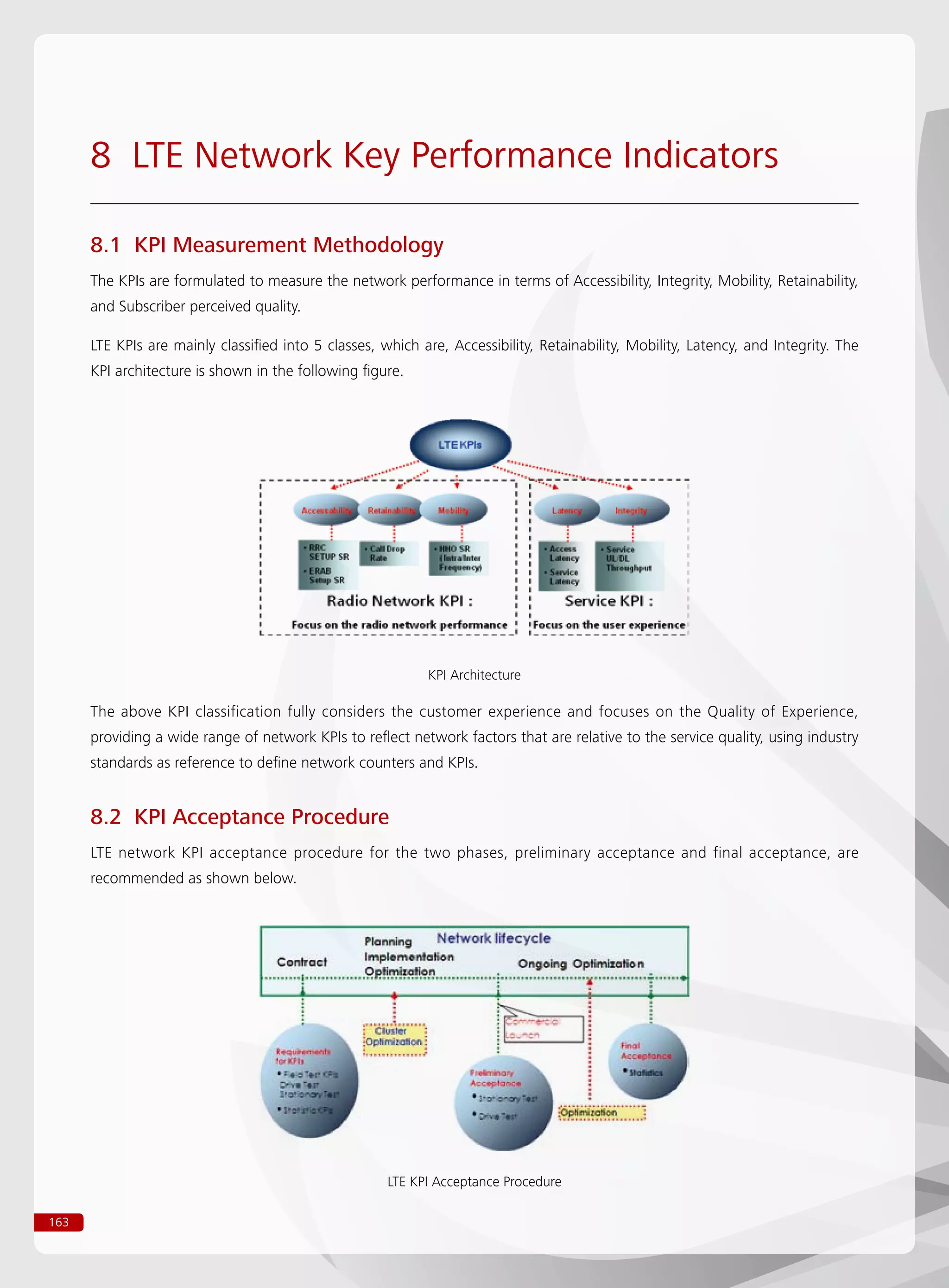 163
8 LTE Network Key Performance Indicators
8.1 KPI Measurement Methodology
The KPIs are formulated to measure the network performance in terms of Accessibility, Integrity, Mobility, Retainability,
and Subscriber perceived quality.
LTE KPIs are mainly classified into 5 classes, which are, Accessibility, Retainability, Mobility, Latency, and Integrity. The
KPI architecture is shown in the following figure.
The above KPI classification fully considers the customer experience and focuses on the Quality of Experience,
providing a wide range of network KPIs to reflect network factors that are relative to the service quality, using industry
standards as reference to define network counters and KPIs.
8.2 KPI Acceptance Procedure
LTE network KPI acceptance procedure for the two phases, preliminary acceptance and final acceptance, are
recommended as shown below.
KPI Architecture
LTE KPI Acceptance Procedure
 