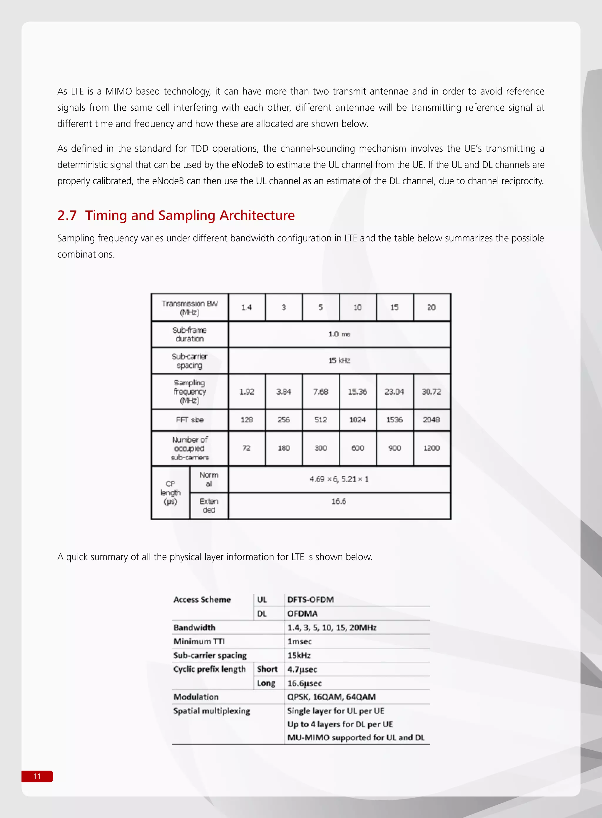 11
As LTE is a MIMO based technology, it can have more than two transmit antennae and in order to avoid reference
signals from the same cell interfering with each other, different antennae will be transmitting reference signal at
different time and frequency and how these are allocated are shown below.
As defined in the standard for TDD operations, the channel-sounding mechanism involves the UE’s transmitting a
deterministic signal that can be used by the eNodeB to estimate the UL channel from the UE. If the UL and DL channels are
properly calibrated, the eNodeB can then use the UL channel as an estimate of the DL channel, due to channel reciprocity.
2.7 Timing and Sampling Architecture
Sampling frequency varies under different bandwidth configuration in LTE and the table below summarizes the possible
combinations.
A quick summary of all the physical layer information for LTE is shown below.
 