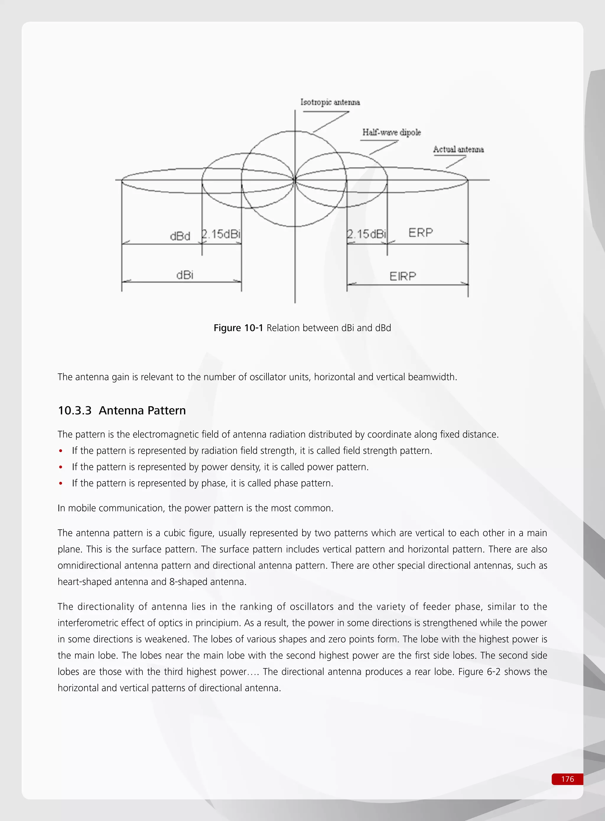 176
Figure 10-1 Relation between dBi and dBd
The antenna gain is relevant to the number of oscillator units, horizontal and vertical beamwidth.
10.3.3 Antenna Pattern
The pattern is the electromagnetic field of antenna radiation distributed by coordinate along fixed distance.
If the pattern is represented by radiation field strength, it is called field strength pattern.••
If the pattern is represented by power density, it is called power pattern.••
If the pattern is represented by phase, it is called phase pattern.••
In mobile communication, the power pattern is the most common.
The antenna pattern is a cubic figure, usually represented by two patterns which are vertical to each other in a main
plane. This is the surface pattern. The surface pattern includes vertical pattern and horizontal pattern. There are also
omnidirectional antenna pattern and directional antenna pattern. There are other special directional antennas, such as
heart-shaped antenna and 8-shaped antenna.
The directionality of antenna lies in the ranking of oscillators and the variety of feeder phase, similar to the
interferometric effect of optics in principium. As a result, the power in some directions is strengthened while the power
in some directions is weakened. The lobes of various shapes and zero points form. The lobe with the highest power is
the main lobe. The lobes near the main lobe with the second highest power are the first side lobes. The second side
lobes are those with the third highest power…. The directional antenna produces a rear lobe. Figure 6-2 shows the
horizontal and vertical patterns of directional antenna.
 
