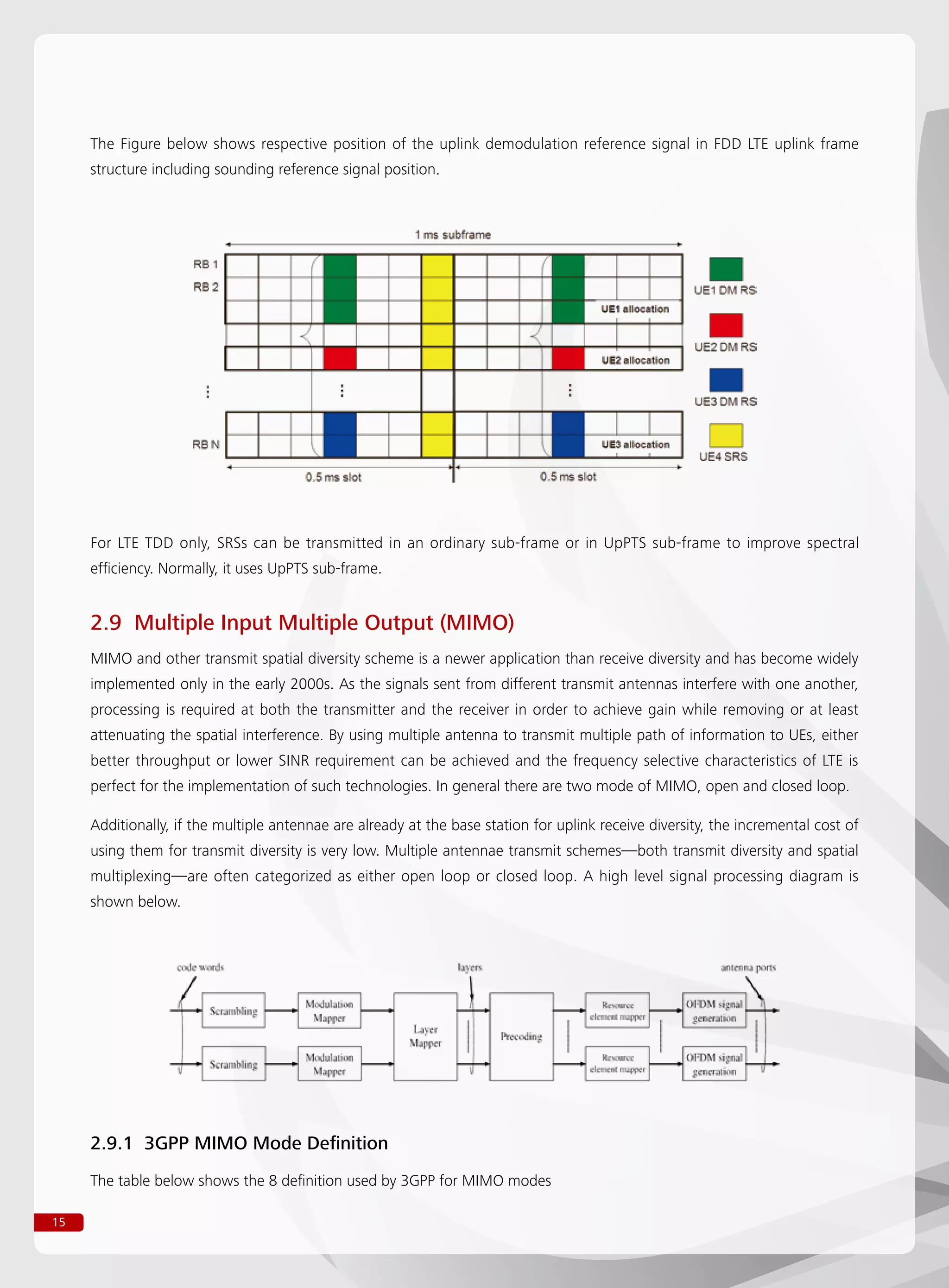15
The Figure below shows respective position of the uplink demodulation reference signal in FDD LTE uplink frame
structure including sounding reference signal position.
For LTE TDD only, SRSs can be transmitted in an ordinary sub-frame or in UpPTS sub-frame to improve spectral
efficiency. Normally, it uses UpPTS sub-frame.
2.9 Multiple Input Multiple Output (MIMO)
MIMO and other transmit spatial diversity scheme is a newer application than receive diversity and has become widely
implemented only in the early 2000s. As the signals sent from different transmit antennas interfere with one another,
processing is required at both the transmitter and the receiver in order to achieve gain while removing or at least
attenuating the spatial interference. By using multiple antenna to transmit multiple path of information to UEs, either
better throughput or lower SINR requirement can be achieved and the frequency selective characteristics of LTE is
perfect for the implementation of such technologies. In general there are two mode of MIMO, open and closed loop.
Additionally, if the multiple antennae are already at the base station for uplink receive diversity, the incremental cost of
using them for transmit diversity is very low. Multiple antennae transmit schemes—both transmit diversity and spatial
multiplexing—are often categorized as either open loop or closed loop. A high level signal processing diagram is
shown below.
2.9.1 3GPP MIMO Mode Definition
The table below shows the 8 definition used by 3GPP for MIMO modes
 