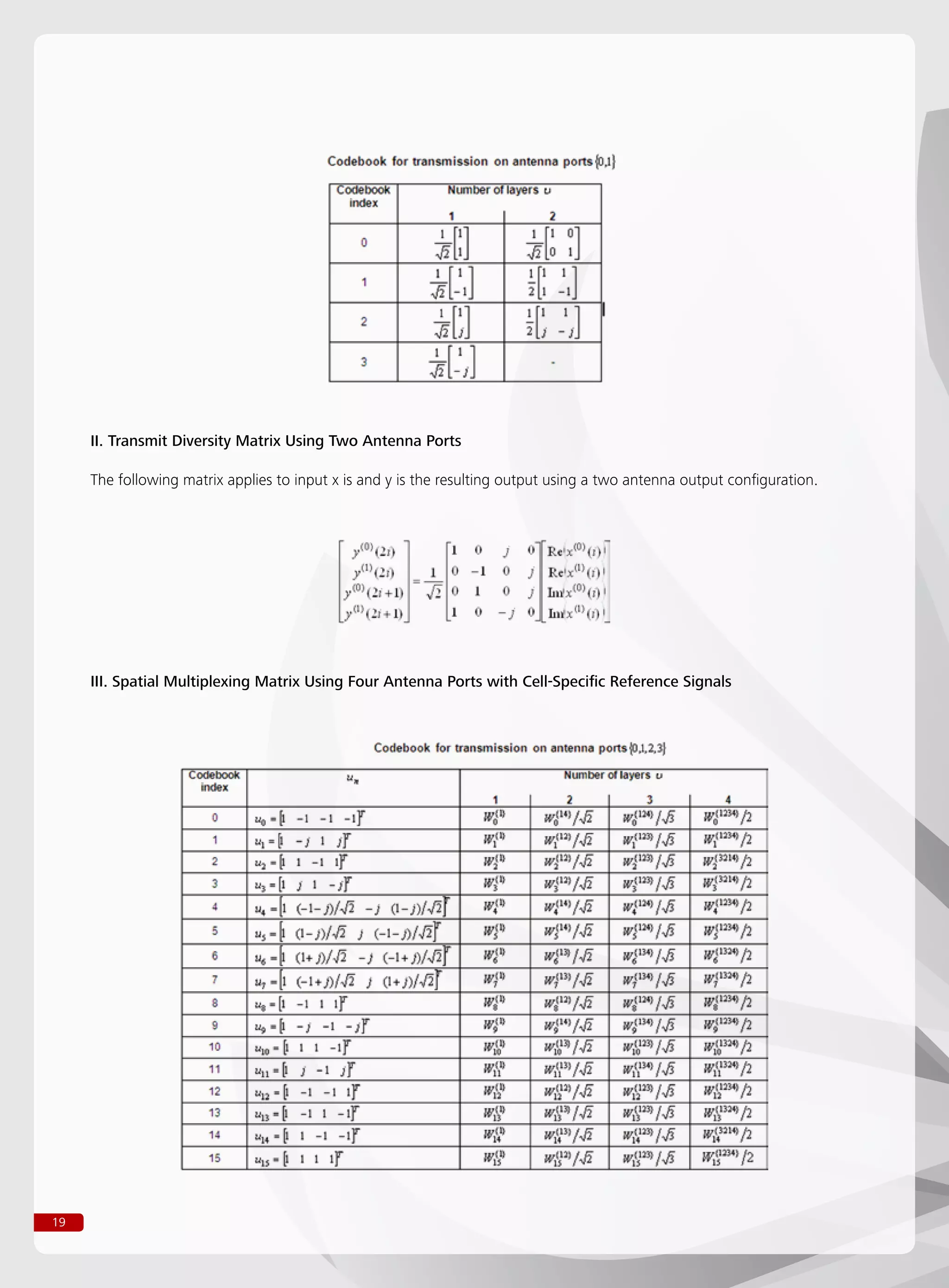 19
II. Transmit Diversity Matrix Using Two Antenna Ports
The following matrix applies to input x is and y is the resulting output using a two antenna output configuration.
III. Spatial Multiplexing Matrix Using Four Antenna Ports with Cell-Specific Reference Signals
 