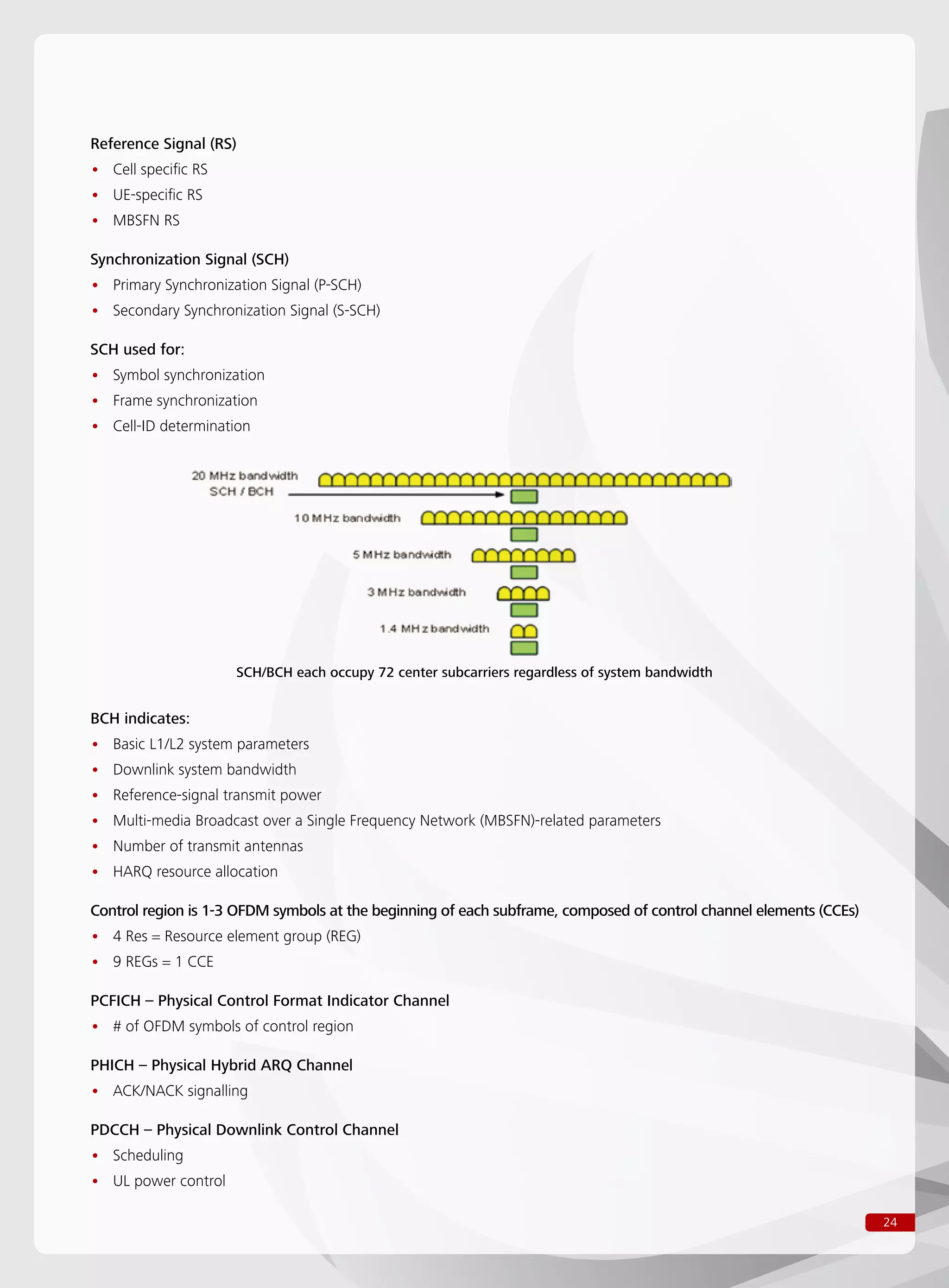 24
Reference Signal (RS)
Cell specific RS••
UE-specific RS••
MBSFN RS••
Synchronization Signal (SCH)
Primary Synchronization Signal (P-SCH)••
Secondary Synchronization Signal (S-SCH)••
SCH used for:
Symbol synchronization••
Frame synchronization••
Cell-ID determination••
BCH indicates:
Basic L1/L2 system parameters••
Downlink system bandwidth••
Reference-signal transmit power••
Multi-media Broadcast over a Single Frequency Network (MBSFN)-related parameters••
Number of transmit antennas••
HARQ resource allocation••
Control region is 1-3 OFDM symbols at the beginning of each subframe, composed of control channel elements (CCEs)
4 Res = Resource element group (REG)••
9 REGs = 1 CCE••
PCFICH – Physical Control Format Indicator Channel
# of OFDM symbols of control region••
PHICH – Physical Hybrid ARQ Channel
ACK/NACK signalling••
PDCCH – Physical Downlink Control Channel
Scheduling••
UL power control••
SCH/BCH each occupy 72 center subcarriers regardless of system bandwidth
 