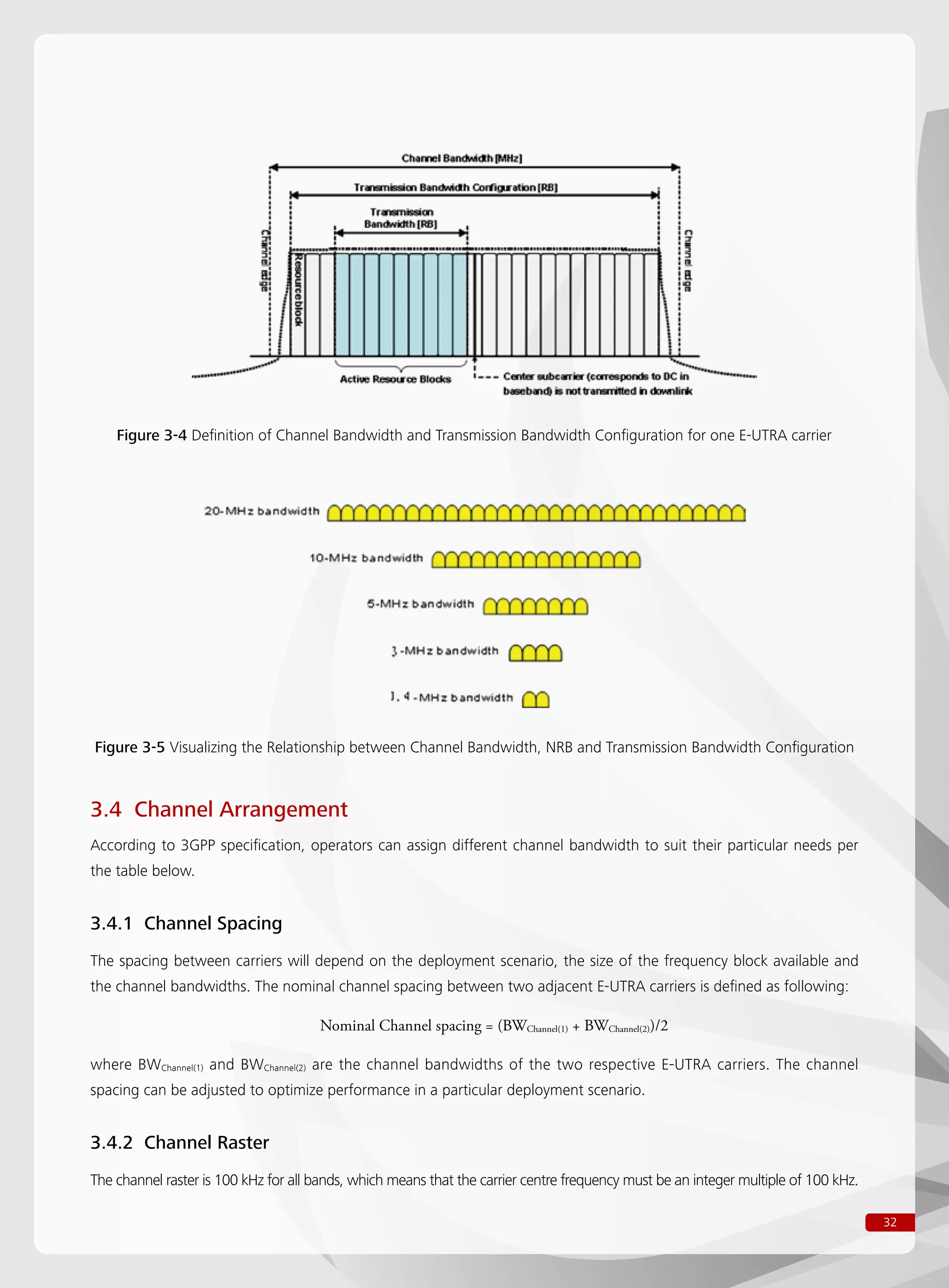 32
Figure 3-4 Definition of Channel Bandwidth and Transmission Bandwidth Configuration for one E-UTRA carrier
Figure 3-5 Visualizing the Relationship between Channel Bandwidth, NRB and Transmission Bandwidth Configuration
3.4 Channel Arrangement
According to 3GPP specification, operators can assign different channel bandwidth to suit their particular needs per
the table below.
3.4.1 Channel Spacing
The spacing between carriers will depend on the deployment scenario, the size of the frequency block available and
the channel bandwidths. The nominal channel spacing between two adjacent E-UTRA carriers is defined as following:
				 Nominal Channel spacing = (BWChannel(1) + BWChannel(2))/2
where BWChannel(1) and BWChannel(2) are the channel bandwidths of the two respective E-UTRA carriers. The channel
spacing can be adjusted to optimize performance in a particular deployment scenario.
3.4.2 Channel Raster
The channel raster is 100 kHz for all bands, which means that the carrier centre frequency must be an integer multiple of 100 kHz.
 