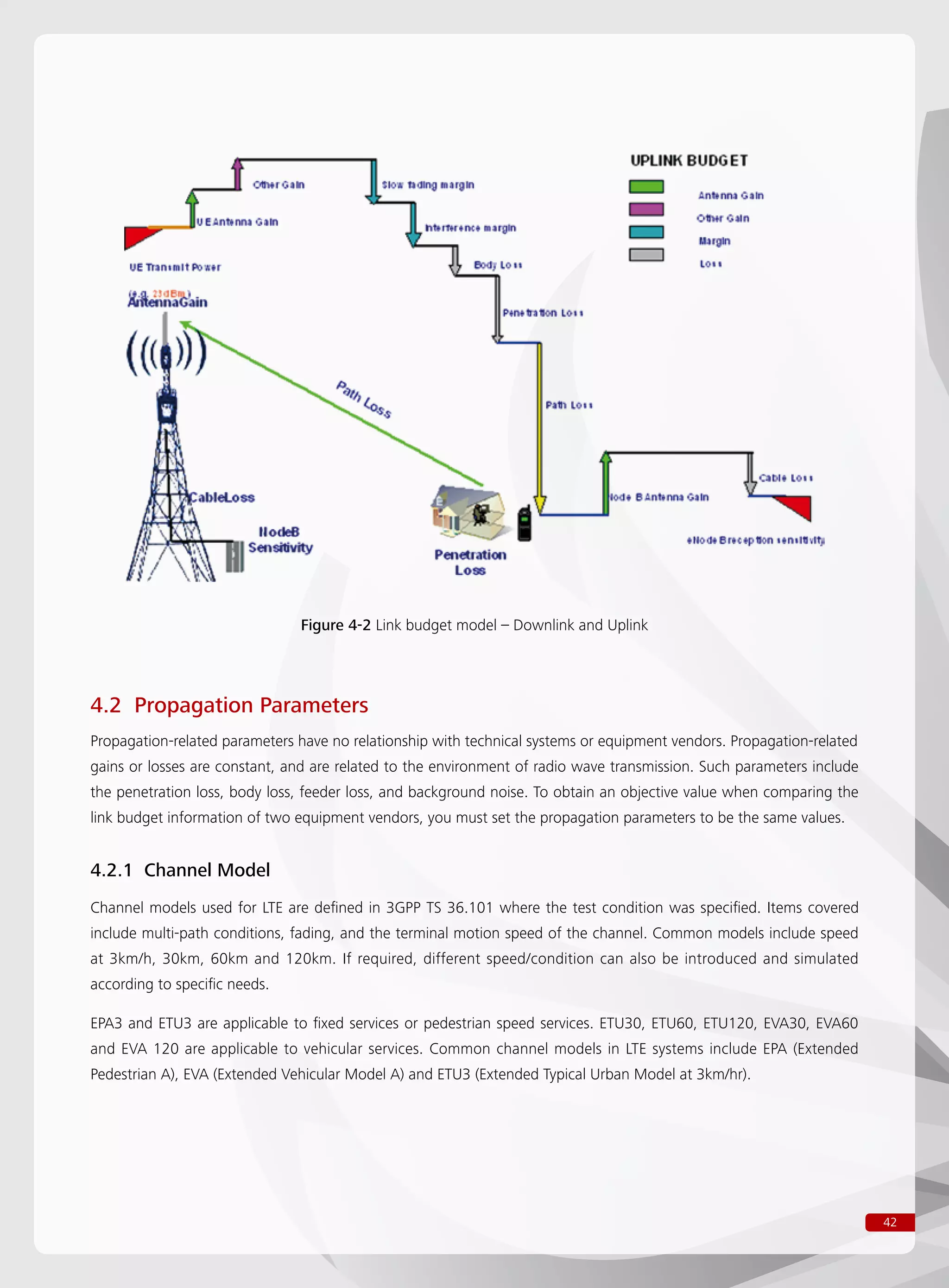 42
Figure 4-2 Link budget model – Downlink and Uplink
4.2 Propagation Parameters
Propagation-related parameters have no relationship with technical systems or equipment vendors. Propagation-related
gains or losses are constant, and are related to the environment of radio wave transmission. Such parameters include
the penetration loss, body loss, feeder loss, and background noise. To obtain an objective value when comparing the
link budget information of two equipment vendors, you must set the propagation parameters to be the same values.
4.2.1 Channel Model
Channel models used for LTE are defined in 3GPP TS 36.101 where the test condition was specified. Items covered
include multi-path conditions, fading, and the terminal motion speed of the channel. Common models include speed
at 3km/h, 30km, 60km and 120km. If required, different speed/condition can also be introduced and simulated
according to specific needs.
EPA3 and ETU3 are applicable to fixed services or pedestrian speed services. ETU30, ETU60, ETU120, EVA30, EVA60
and EVA 120 are applicable to vehicular services. Common channel models in LTE systems include EPA (Extended
Pedestrian A), EVA (Extended Vehicular Model A) and ETU3 (Extended Typical Urban Model at 3km/hr).
 