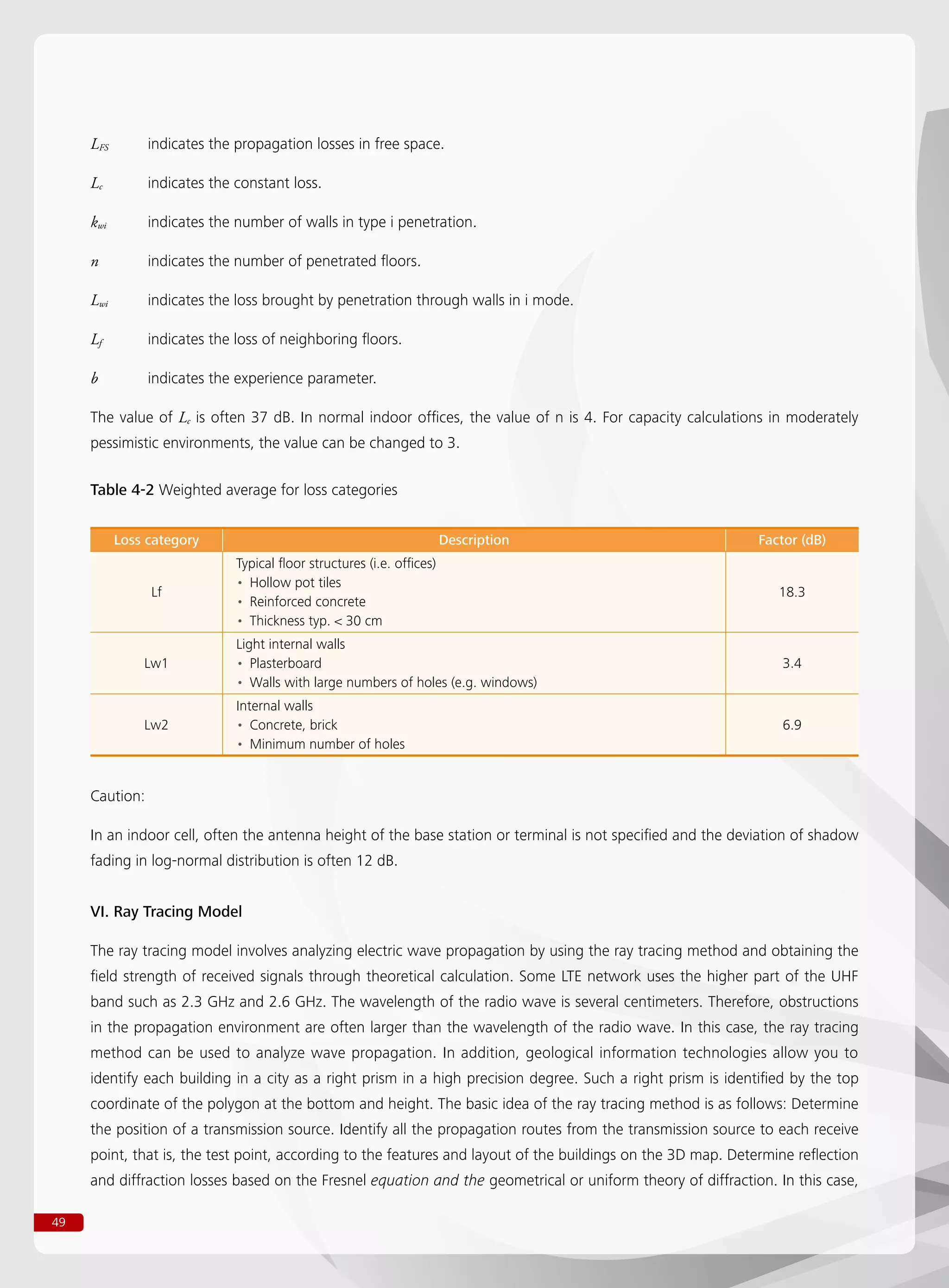 49
LFS	 indicates the propagation losses in free space.
Lc	 indicates the constant loss.
kwi	 indicates the number of walls in type i penetration.
n	 indicates the number of penetrated floors.
Lwi	 indicates the loss brought by penetration through walls in i mode.
Lf	 indicates the loss of neighboring floors.
b	 indicates the experience parameter.
The value of Lc is often 37 dB. In normal indoor offices, the value of n is 4. For capacity calculations in moderately
pessimistic environments, the value can be changed to 3.
Table 4-2 Weighted average for loss categories
Loss category Description Factor (dB)
Lf
Typical floor structures (i.e. offices)
Hollow pot tiles••
Reinforced concrete••
Thickness typ.  30 cm••
18.3
Lw1
Light internal walls
Plasterboard••
Walls with large numbers of holes (e.g. windows)••
3.4
Lw2
Internal walls
Concrete, brick••
Minimum number of holes••
6.9
Caution:
In an indoor cell, often the antenna height of the base station or terminal is not specified and the deviation of shadow
fading in log-normal distribution is often 12 dB.
VI. Ray Tracing Model
The ray tracing model involves analyzing electric wave propagation by using the ray tracing method and obtaining the
field strength of received signals through theoretical calculation. Some LTE network uses the higher part of the UHF
band such as 2.3 GHz and 2.6 GHz. The wavelength of the radio wave is several centimeters. Therefore, obstructions
in the propagation environment are often larger than the wavelength of the radio wave. In this case, the ray tracing
method can be used to analyze wave propagation. In addition, geological information technologies allow you to
identify each building in a city as a right prism in a high precision degree. Such a right prism is identified by the top
coordinate of the polygon at the bottom and height. The basic idea of the ray tracing method is as follows: Determine
the position of a transmission source. Identify all the propagation routes from the transmission source to each receive
point, that is, the test point, according to the features and layout of the buildings on the 3D map. Determine reflection
and diffraction losses based on the Fresnel equation and the geometrical or uniform theory of diffraction. In this case,
 