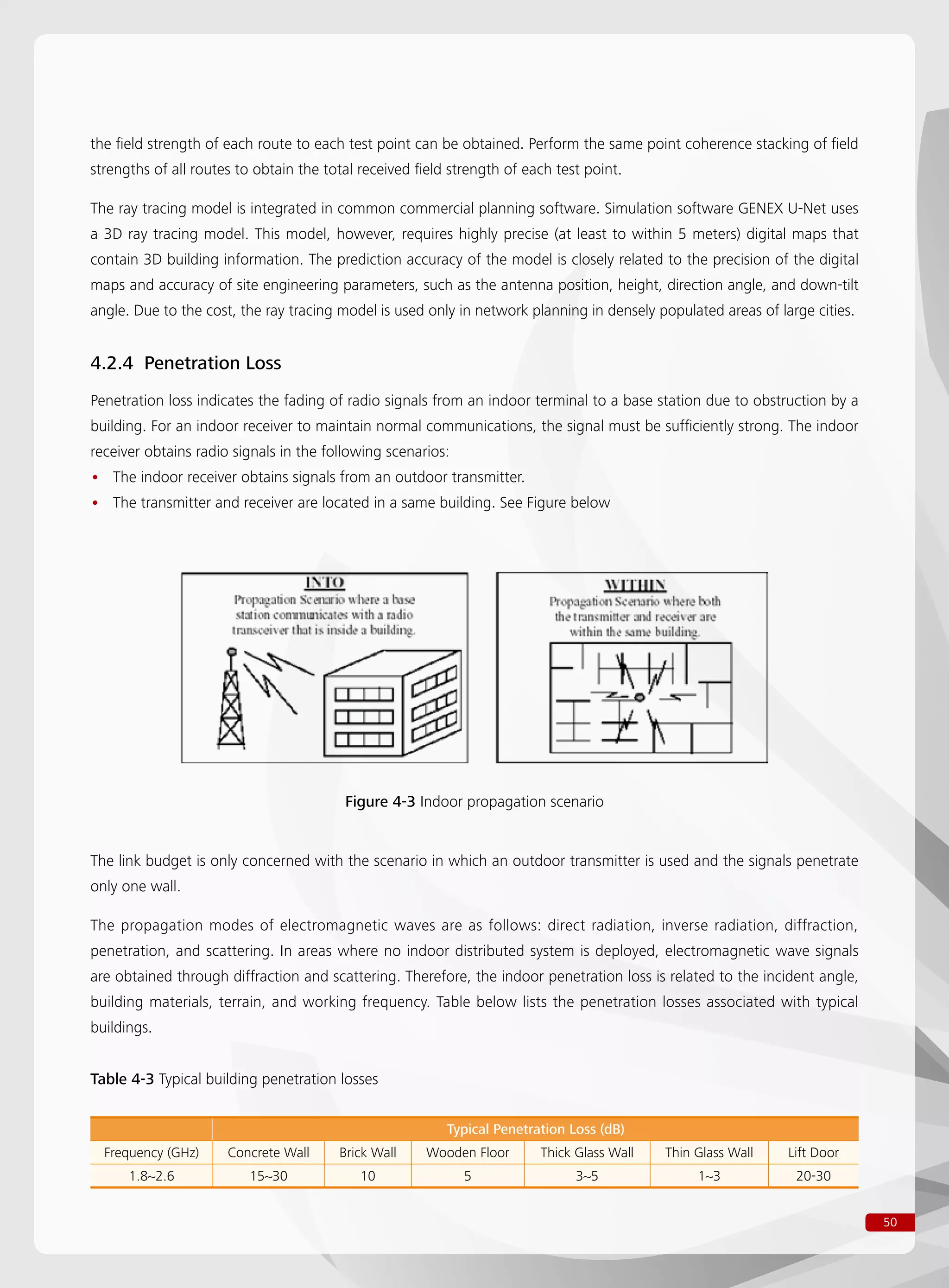 50
the field strength of each route to each test point can be obtained. Perform the same point coherence stacking of field
strengths of all routes to obtain the total received field strength of each test point.
The ray tracing model is integrated in common commercial planning software. Simulation software GENEX U-Net uses
a 3D ray tracing model. This model, however, requires highly precise (at least to within 5 meters) digital maps that
contain 3D building information. The prediction accuracy of the model is closely related to the precision of the digital
maps and accuracy of site engineering parameters, such as the antenna position, height, direction angle, and down-tilt
angle. Due to the cost, the ray tracing model is used only in network planning in densely populated areas of large cities.
4.2.4 Penetration Loss
Penetration loss indicates the fading of radio signals from an indoor terminal to a base station due to obstruction by a
building. For an indoor receiver to maintain normal communications, the signal must be sufficiently strong. The indoor
receiver obtains radio signals in the following scenarios:
The indoor receiver obtains signals from an outdoor transmitter.••
The transmitter and receiver are located in a same building. See Figure below••
The link budget is only concerned with the scenario in which an outdoor transmitter is used and the signals penetrate
only one wall.
The propagation modes of electromagnetic waves are as follows: direct radiation, inverse radiation, diffraction,
penetration, and scattering. In areas where no indoor distributed system is deployed, electromagnetic wave signals
are obtained through diffraction and scattering. Therefore, the indoor penetration loss is related to the incident angle,
building materials, terrain, and working frequency. Table below lists the penetration losses associated with typical
buildings.
Figure 4-3 Indoor propagation scenario
Table 4-3 Typical building penetration losses
Typical Penetration Loss (dB)
Frequency (GHz) Concrete Wall Brick Wall Wooden Floor Thick Glass Wall Thin Glass Wall Lift Door
1.8~2.6 15~30 10 5 3~5 1~3 20-30
 