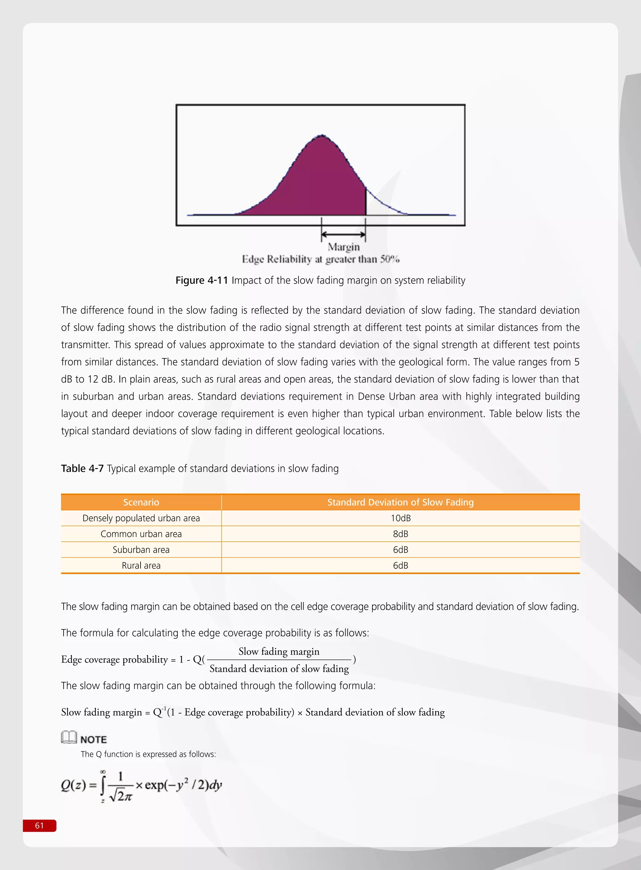 61
The difference found in the slow fading is reflected by the standard deviation of slow fading. The standard deviation
of slow fading shows the distribution of the radio signal strength at different test points at similar distances from the
transmitter. This spread of values approximate to the standard deviation of the signal strength at different test points
from similar distances. The standard deviation of slow fading varies with the geological form. The value ranges from 5
dB to 12 dB. In plain areas, such as rural areas and open areas, the standard deviation of slow fading is lower than that
in suburban and urban areas. Standard deviations requirement in Dense Urban area with highly integrated building
layout and deeper indoor coverage requirement is even higher than typical urban environment. Table below lists the
typical standard deviations of slow fading in different geological locations.
Table 4-7 Typical example of standard deviations in slow fading
Scenario Standard Deviation of Slow Fading
Densely populated urban area 10dB
Common urban area 8dB
Suburban area 6dB
Rural area 6dB
The slow fading margin can be obtained based on the cell edge coverage probability and standard deviation of slow fading.
The formula for calculating the edge coverage probability is as follows:
Edge coverage probability = 1 - Q( )
The slow fading margin can be obtained through the following formula:
Slow fading margin = Q-1
(1 - Edge coverage probability) × Standard deviation of slow fading
Slow fading margin
Standard deviation of slow fading
The Q function is expressed as follows:
Figure 4-11 Impact of the slow fading margin on system reliability
 