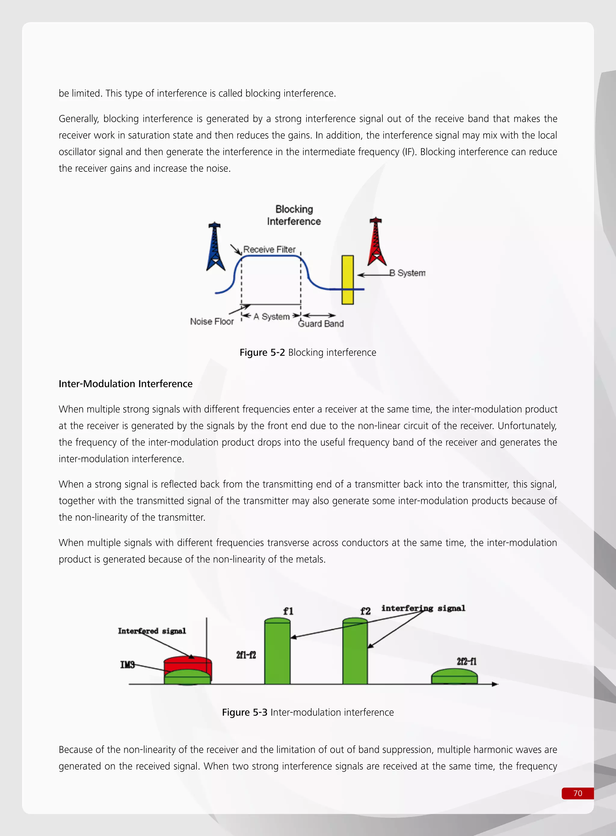 70
Figure 5-2 Blocking interference
be limited. This type of interference is called blocking interference.
Generally, blocking interference is generated by a strong interference signal out of the receive band that makes the
receiver work in saturation state and then reduces the gains. In addition, the interference signal may mix with the local
oscillator signal and then generate the interference in the intermediate frequency (IF). Blocking interference can reduce
the receiver gains and increase the noise.
Inter-Modulation Interference
When multiple strong signals with different frequencies enter a receiver at the same time, the inter-modulation product
at the receiver is generated by the signals by the front end due to the non-linear circuit of the receiver. Unfortunately,
the frequency of the inter-modulation product drops into the useful frequency band of the receiver and generates the
inter-modulation interference.
When a strong signal is reflected back from the transmitting end of a transmitter back into the transmitter, this signal,
together with the transmitted signal of the transmitter may also generate some inter-modulation products because of
the non-linearity of the transmitter.
When multiple signals with different frequencies transverse across conductors at the same time, the inter-modulation
product is generated because of the non-linearity of the metals.
Figure 5-3 Inter-modulation interference
Because of the non-linearity of the receiver and the limitation of out of band suppression, multiple harmonic waves are
generated on the received signal. When two strong interference signals are received at the same time, the frequency
 