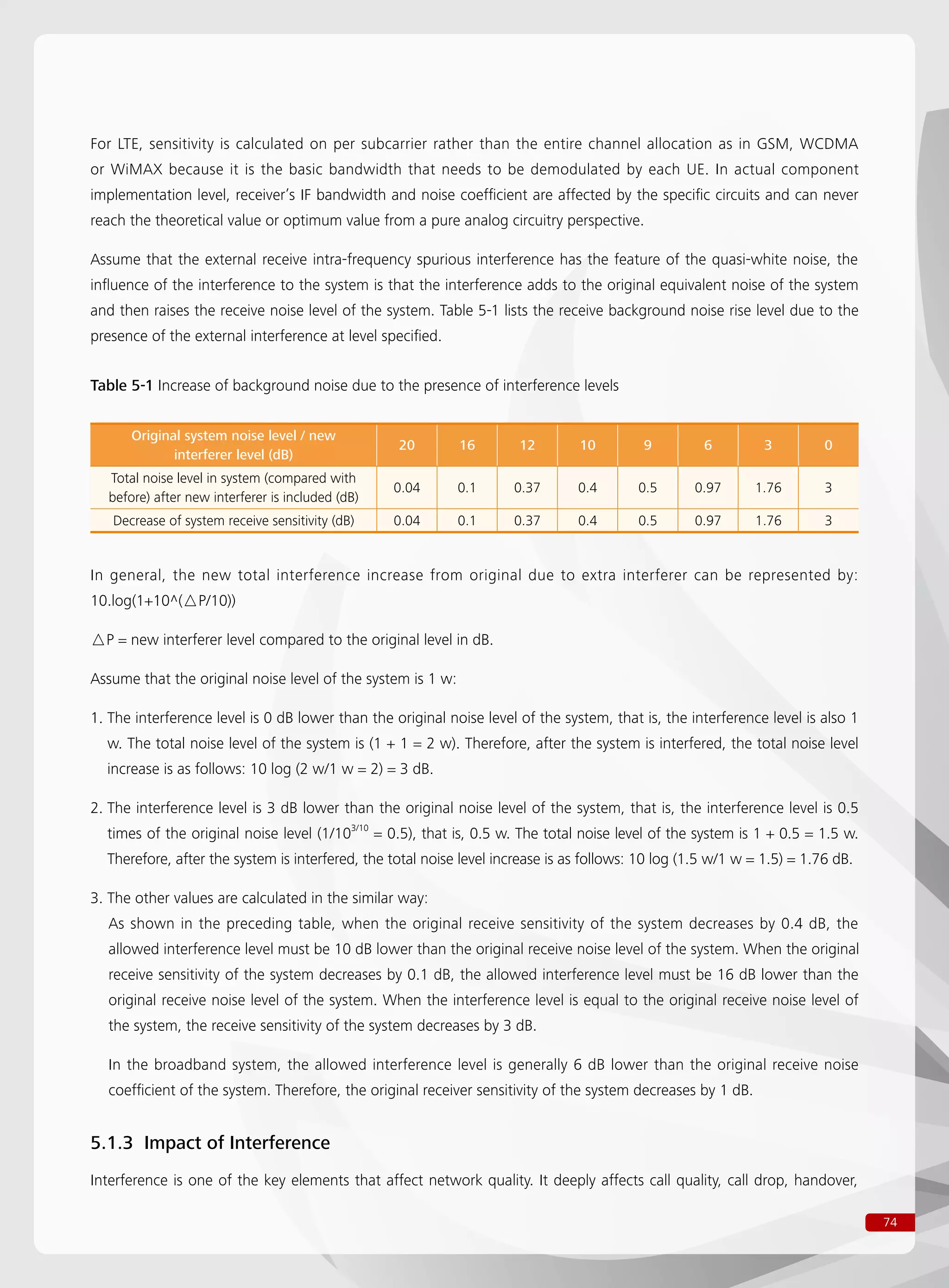 74
For LTE, sensitivity is calculated on per subcarrier rather than the entire channel allocation as in GSM, WCDMA
or WiMAX because it is the basic bandwidth that needs to be demodulated by each UE. In actual component
implementation level, receiver’s IF bandwidth and noise coefficient are affected by the specific circuits and can never
reach the theoretical value or optimum value from a pure analog circuitry perspective.
Assume that the external receive intra-frequency spurious interference has the feature of the quasi-white noise, the
influence of the interference to the system is that the interference adds to the original equivalent noise of the system
and then raises the receive noise level of the system. Table 5-1 lists the receive background noise rise level due to the
presence of the external interference at level specified.
Table 5-1 Increase of background noise due to the presence of interference levels
Original system noise level / new
interferer level (dB)
20 16 12 10 9 6 3 0
Total noise level in system (compared with
before) after new interferer is included (dB)
0.04 0.1 0.37 0.4 0.5 0.97 1.76 3
Decrease of system receive sensitivity (dB) 0.04 0.1 0.37 0.4 0.5 0.97 1.76 3
In general, the new total interference increase from original due to extra interferer can be represented by:
10.log(1+10^(△P/10))
△P = new interferer level compared to the original level in dB.
Assume that the original noise level of the system is 1 w:
1. The interference level is 0 dB lower than the original noise level of the system, that is, the interference level is also 1
w. The total noise level of the system is (1 + 1 = 2 w). Therefore, after the system is interfered, the total noise level
increase is as follows: 10 log (2 w/1 w = 2) = 3 dB.
2. The interference level is 3 dB lower than the original noise level of the system, that is, the interference level is 0.5
times of the original noise level (1/103/10
= 0.5), that is, 0.5 w. The total noise level of the system is 1 + 0.5 = 1.5 w.
Therefore, after the system is interfered, the total noise level increase is as follows: 10 log (1.5 w/1 w = 1.5) = 1.76 dB.
3. The other values are calculated in the similar way:
As shown in the preceding table, when the original receive sensitivity of the system decreases by 0.4 dB, the
allowed interference level must be 10 dB lower than the original receive noise level of the system. When the original
receive sensitivity of the system decreases by 0.1 dB, the allowed interference level must be 16 dB lower than the
original receive noise level of the system. When the interference level is equal to the original receive noise level of
the system, the receive sensitivity of the system decreases by 3 dB.
In the broadband system, the allowed interference level is generally 6 dB lower than the original receive noise
coefficient of the system. Therefore, the original receiver sensitivity of the system decreases by 1 dB.
5.1.3 Impact of Interference
Interference is one of the key elements that affect network quality. It deeply affects call quality, call drop, handover,
 