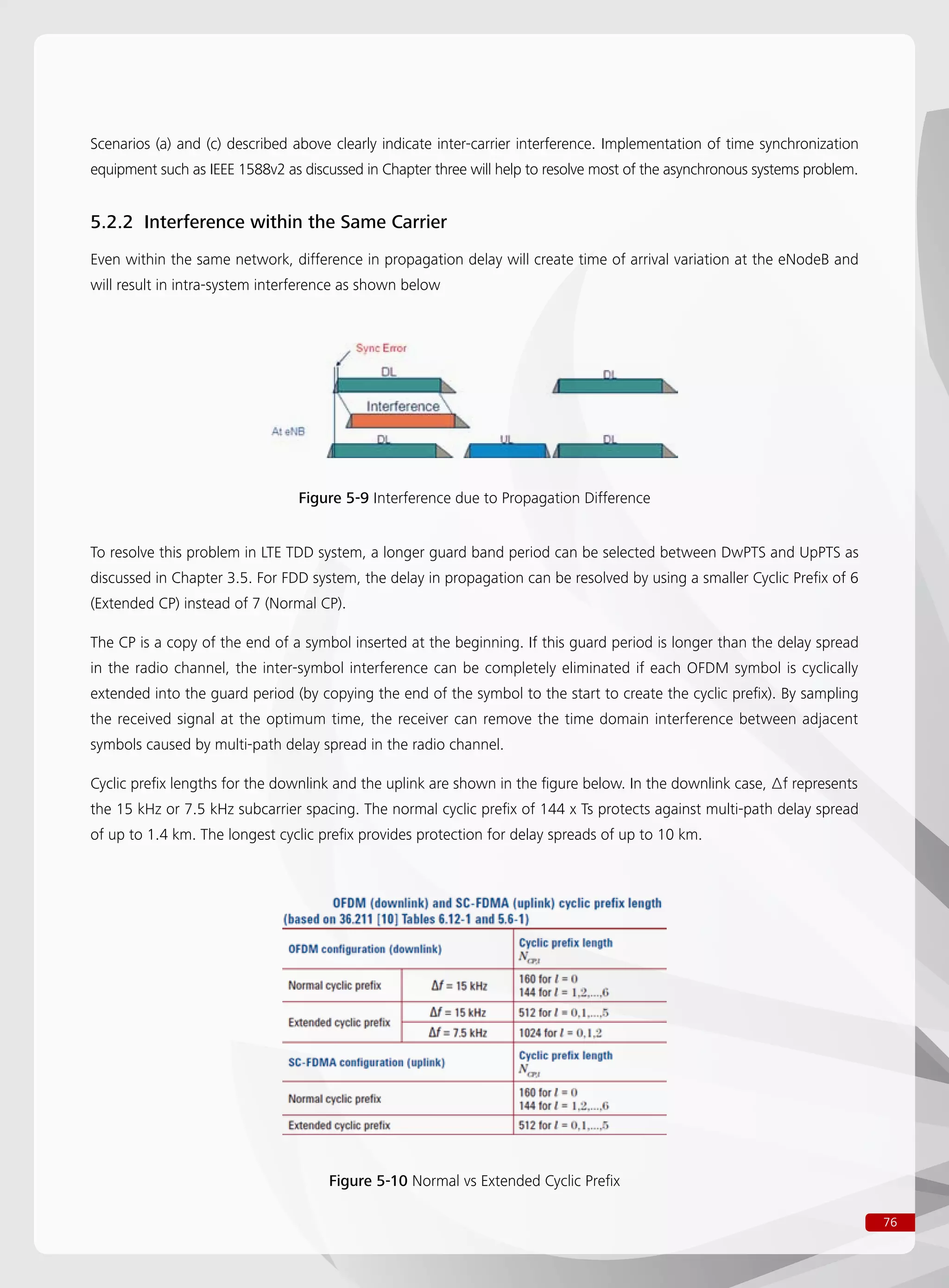 76
Scenarios (a) and (c) described above clearly indicate inter-carrier interference. Implementation of time synchronization
equipment such as IEEE 1588v2 as discussed in Chapter three will help to resolve most of the asynchronous systems problem.
5.2.2 Interference within the Same Carrier
Even within the same network, difference in propagation delay will create time of arrival variation at the eNodeB and
will result in intra-system interference as shown below
Figure 5-9 Interference due to Propagation Difference
To resolve this problem in LTE TDD system, a longer guard band period can be selected between DwPTS and UpPTS as
discussed in Chapter 3.5. For FDD system, the delay in propagation can be resolved by using a smaller Cyclic Prefix of 6
(Extended CP) instead of 7 (Normal CP).
The CP is a copy of the end of a symbol inserted at the beginning. If this guard period is longer than the delay spread
in the radio channel, the inter-symbol interference can be completely eliminated if each OFDM symbol is cyclically
extended into the guard period (by copying the end of the symbol to the start to create the cyclic prefix). By sampling
the received signal at the optimum time, the receiver can remove the time domain interference between adjacent
symbols caused by multi-path delay spread in the radio channel.
Cyclic prefix lengths for the downlink and the uplink are shown in the figure below. In the downlink case, Δf represents
the 15 kHz or 7.5 kHz subcarrier spacing. The normal cyclic prefix of 144 x Ts protects against multi-path delay spread
of up to 1.4 km. The longest cyclic prefix provides protection for delay spreads of up to 10 km.
Figure 5-10 Normal vs Extended Cyclic Prefix
 