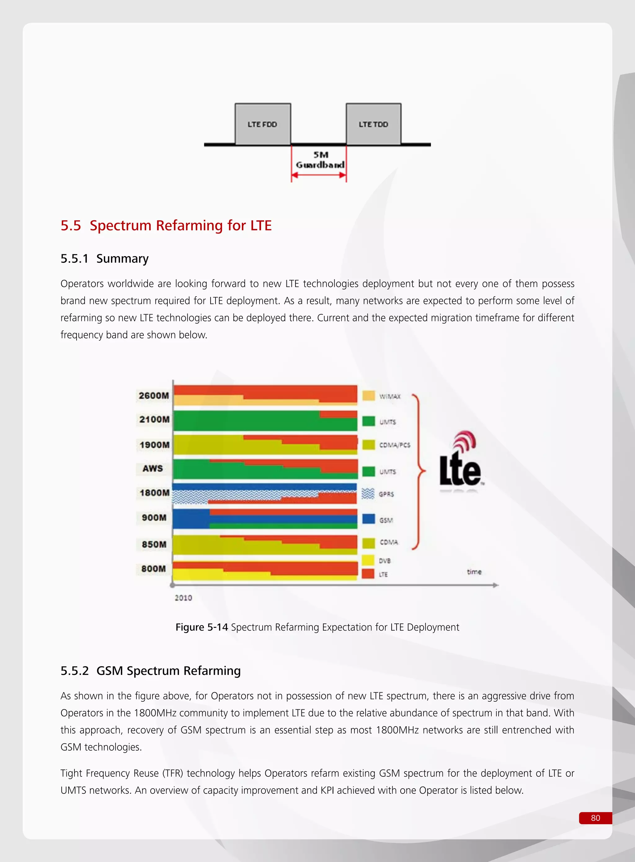 80
5.5 Spectrum Refarming for LTE
5.5.1 Summary
Operators worldwide are looking forward to new LTE technologies deployment but not every one of them possess
brand new spectrum required for LTE deployment. As a result, many networks are expected to perform some level of
refarming so new LTE technologies can be deployed there. Current and the expected migration timeframe for different
frequency band are shown below.
Figure 5-14 Spectrum Refarming Expectation for LTE Deployment
5.5.2 GSM Spectrum Refarming
As shown in the figure above, for Operators not in possession of new LTE spectrum, there is an aggressive drive from
Operators in the 1800MHz community to implement LTE due to the relative abundance of spectrum in that band. With
this approach, recovery of GSM spectrum is an essential step as most 1800MHz networks are still entrenched with
GSM technologies.
Tight Frequency Reuse (TFR) technology helps Operators refarm existing GSM spectrum for the deployment of LTE or
UMTS networks. An overview of capacity improvement and KPI achieved with one Operator is listed below.
 