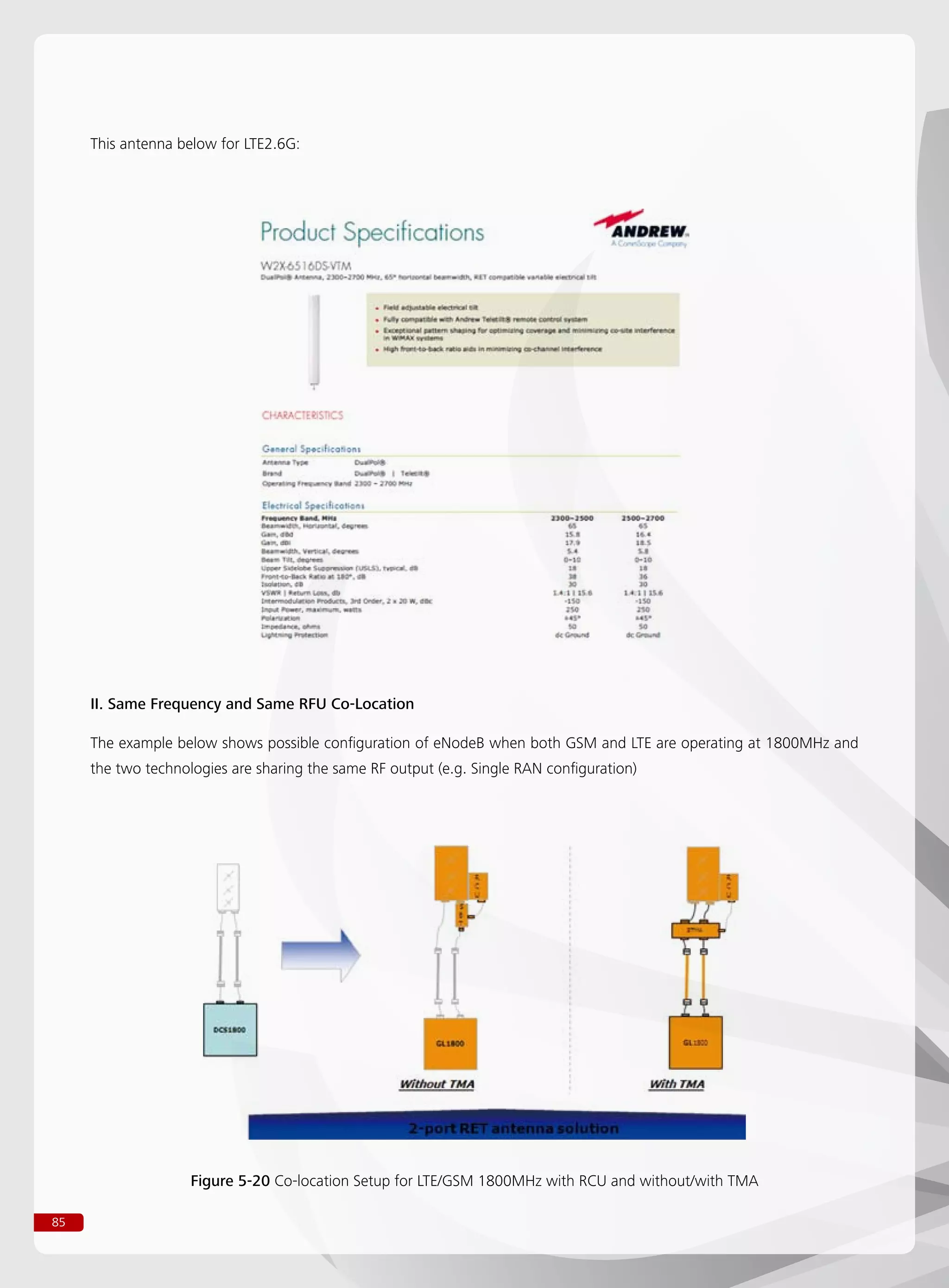 85
This antenna below for LTE2.6G:
II. Same Frequency and Same RFU Co-Location
The example below shows possible configuration of eNodeB when both GSM and LTE are operating at 1800MHz and
the two technologies are sharing the same RF output (e.g. Single RAN configuration)
Figure 5-20 Co-location Setup for LTE/GSM 1800MHz with RCU and without/with TMA
 