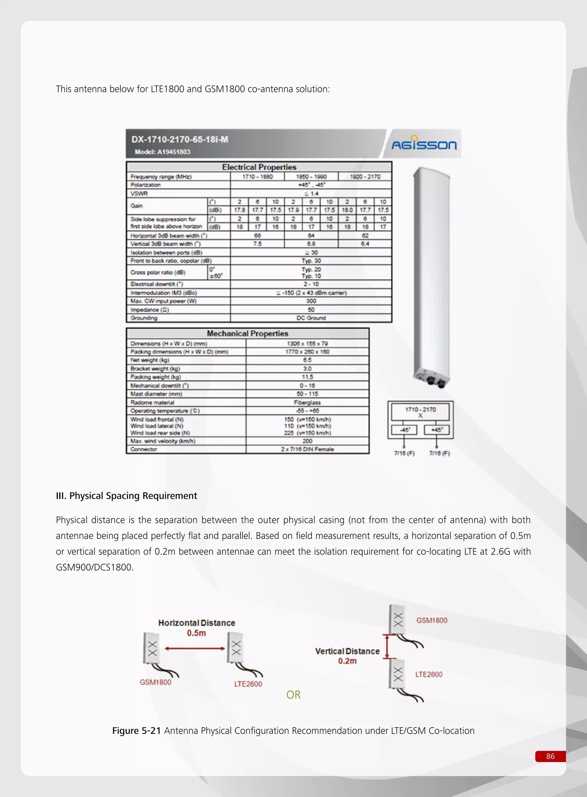 86
This antenna below for LTE1800 and GSM1800 co-antenna solution:
III. Physical Spacing Requirement
Physical distance is the separation between the outer physical casing (not from the center of antenna) with both
antennae being placed perfectly flat and parallel. Based on field measurement results, a horizontal separation of 0.5m
or vertical separation of 0.2m between antennae can meet the isolation requirement for co-locating LTE at 2.6G with
GSM900/DCS1800.
Figure 5-21 Antenna Physical Configuration Recommendation under LTE/GSM Co-location
OR
 