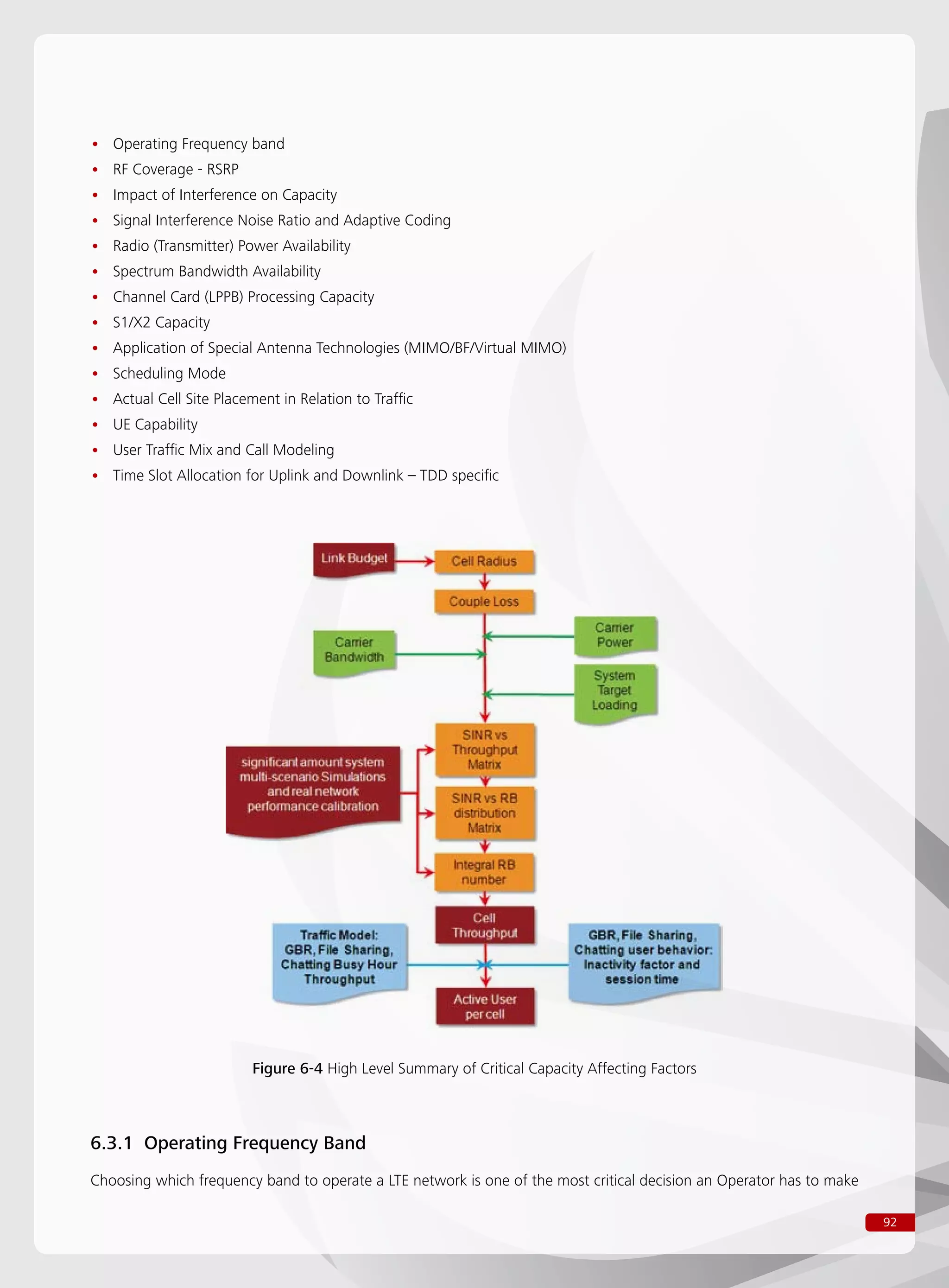 92
Figure 6-4 High Level Summary of Critical Capacity Affecting Factors
Operating Frequency band••
RF Coverage - RSRP••
Impact of Interference on Capacity••
Signal Interference Noise Ratio and Adaptive Coding••
Radio (Transmitter) Power Availability••
Spectrum Bandwidth Availability••
Channel Card (LPPB) Processing Capacity••
S1/X2 Capacity••
Application of Special Antenna Technologies (MIMO/BF/Virtual MIMO)••
Scheduling Mode••
Actual Cell Site Placement in Relation to Traffic••
UE Capability••
User Traffic Mix and Call Modeling••
Time Slot Allocation for Uplink and Downlink – TDD specific••
6.3.1 Operating Frequency Band
Choosing which frequency band to operate a LTE network is one of the most critical decision an Operator has to make
 