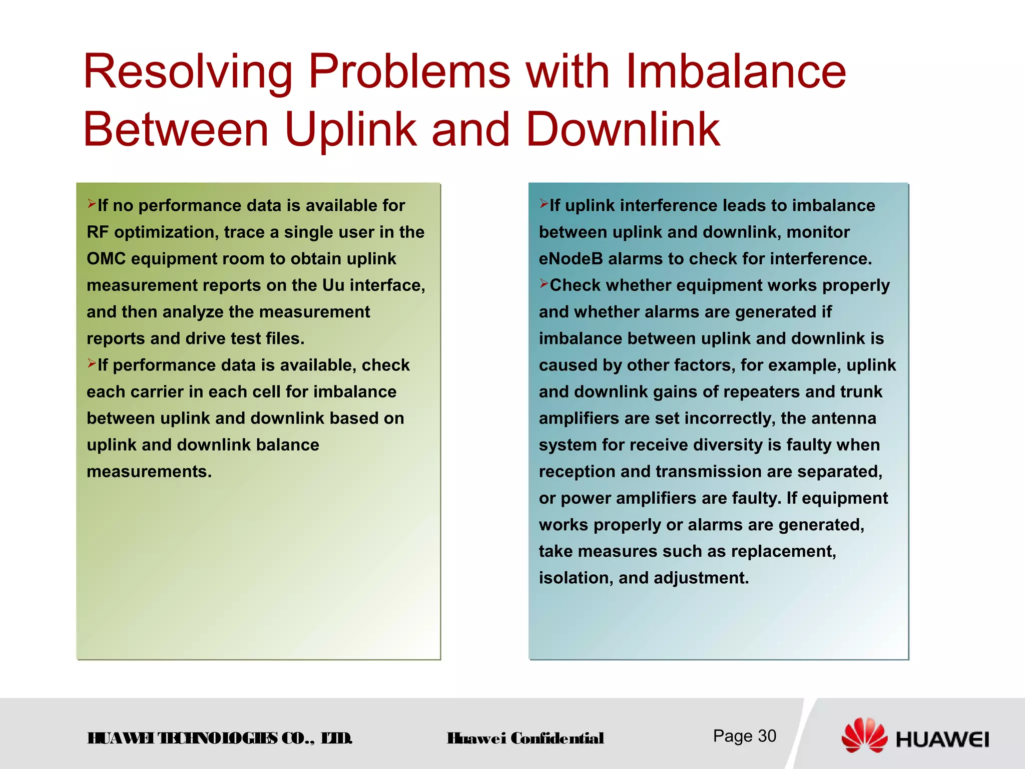 HUAWEITECHNOLOGIES CO., LTD. Huawei Confidential Page 30
Resolving Problems with Imbalance
Between Uplink and Downlink
…
If no performance data is available for
RF optimization, trace a single user in the
OMC equipment room to obtain uplink
measurement reports on the Uu interface,
and then analyze the measurement
reports and drive test files.
If performance data is available, check
each carrier in each cell for imbalance
between uplink and downlink based on
uplink and downlink balance
measurements.
If no performance data is available for
RF optimization, trace a single user in the
OMC equipment room to obtain uplink
measurement reports on the Uu interface,
and then analyze the measurement
reports and drive test files.
If performance data is available, check
each carrier in each cell for imbalance
between uplink and downlink based on
uplink and downlink balance
measurements.
If uplink interference leads to imbalance
between uplink and downlink, monitor
eNodeB alarms to check for interference.
Check whether equipment works properly
and whether alarms are generated if
imbalance between uplink and downlink is
caused by other factors, for example, uplink
and downlink gains of repeaters and trunk
amplifiers are set incorrectly, the antenna
system for receive diversity is faulty when
reception and transmission are separated,
or power amplifiers are faulty. If equipment
works properly or alarms are generated,
take measures such as replacement,
isolation, and adjustment.
If uplink interference leads to imbalance
between uplink and downlink, monitor
eNodeB alarms to check for interference.
Check whether equipment works properly
and whether alarms are generated if
imbalance between uplink and downlink is
caused by other factors, for example, uplink
and downlink gains of repeaters and trunk
amplifiers are set incorrectly, the antenna
system for receive diversity is faulty when
reception and transmission are separated,
or power amplifiers are faulty. If equipment
works properly or alarms are generated,
take measures such as replacement,
isolation, and adjustment.
 