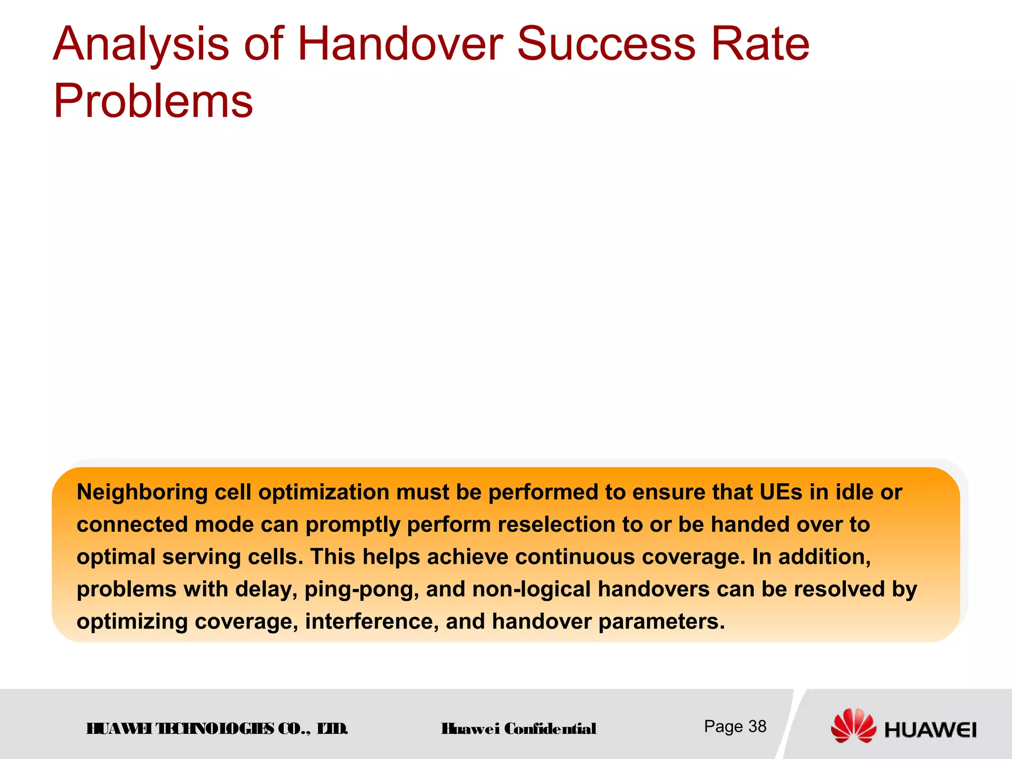 HUAWEITECHNOLOGIES CO., LTD. Huawei Confidential Page 38
Analysis of Handover Success Rate
Problems
Neighboring cell optimization must be performed to ensure that UEs in idle or
connected mode can promptly perform reselection to or be handed over to
optimal serving cells. This helps achieve continuous coverage. In addition,
problems with delay, ping-pong, and non-logical handovers can be resolved by
optimizing coverage, interference, and handover parameters.
 