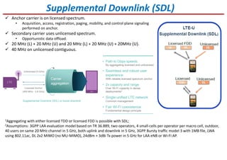 Supplemental Downlink (SDL)
Anchor carrier is on licensed spectrum.
• Acquisition, access, registration, paging, mobility, and control plane signaling
performed on anchor.
Secondary carrier uses unlicensed spectrum.
• Opportunistic data offload.
20 MHz (L) + 20 MHz (U) and 20 MHz (L) + 20 MHz (U) + 20MHz (U).
40 MHz on unlicensed contiguous.
1Aggregating with either licensed TDD or licensed FDD is possible with SDL;
2Assumptions: 3GPP LAA evaluation model based on TR 36.889, two operators, 4 small-cells per operator per macro cell, outdoor,
40 users on same 20 MHz channel in 5 GHz, both uplink and downlink in 5 GHz, 3GPP Bursty traffic model 3 with 1MB file, LWA
using 802.11ac, DL 2x2 MIMO (no MU-MIMO), 24dBm + 3dBi Tx power in 5 GHz for LAA eNB or Wi-Fi AP.
 