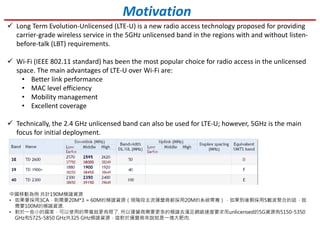 Motivation
Long Term Evolution-Unlicensed (LTE-U) is a new radio access technology proposed for providing
carrier-grade wireless service in the 5GHz unlicensed band in the regions with and without listen-
before-talk (LBT) requirements.
Wi-Fi (IEEE 802.11 standard) has been the most popular choice for radio access in the unlicensed
space. The main advantages of LTE-U over Wi-Fi are:
• Better link performance
• MAC level efficiency
• Mobility management
• Excellent coverage
Technically, the 2.4 GHz unlicensed band can also be used for LTE-U; however, 5GHz is the main
focus for initial deployment.
中國移動為例 共計190M頻譜資源
• 如果要採用3CA，則需要20M*3 = 60M的頻譜資源（現階段主流運營商都採用20M的系統帶寬），如果到後期採用5載波聚合的話，就
需要100M的頻譜資源.
• 對於一些小的國家，可以使用的帶寬就更有限了. 所以運營商需要更多的頻譜去滿足網絡速度要求而unlicensed的5G資源有5150-5350
GHz和5725-5850 GHz共325 GHz頻譜資源，這對於運營商來說就是一塊大肥肉.
 