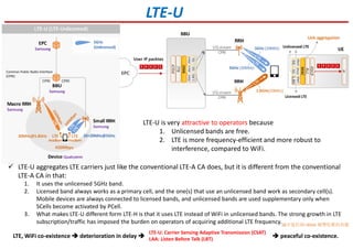 LTE-U
Common Public Radio Interface
(CPRI)
LTE-U aggregates LTE carriers just like the conventional LTE-A CA does, but it is different from the conventional
LTE-A CA in that:
1. It uses the unlicensed 5GHz band.
2. Licensed band always works as a primary cell, and the one(s) that use an unlicensed band work as secondary cell(s).
Mobile devices are always connected to licensed bands, and unlicensed bands are used supplementary only when
SCells become activated by PCell.
3. What makes LTE-U different form LTE-H is that it uses LTE instead of WiFi in unlicensed bands. The strong growth in LTE
subscription/traffic has imposed the burden on operators of acquiring additional LTE frequency.減少電信商<3GHz 頻帶吃緊的負擔
LTE-U is very attractive to operators because
1. Unlicensed bands are free.
2. LTE is more frequency-efficient and more robust to
interference, compared to WiFi.
LTE, WiFi co-existence deterioration in delay peaceful co-existence.
LTE-U: Carrier Sensing Adaptive Transmission (CSAT)
LAA: Listen Before Talk (LBT)
 