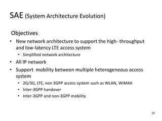 SAE (System Architecture Evolution)
Objectives
• New network architecture to support the high- throughput
and low-latency LTE access system
• Simplified network architecture

• All IP network
• Support mobility between multiple heterogeneous access
system
• 2G/3G, LTE, non 3GPP access system such as WLAN, WiMAX
• Inter-3GPP handover
• Inter-3GPP and non-3GPP mobility

19

 