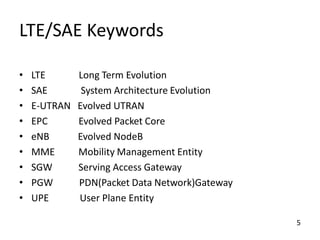 LTE/SAE Keywords
•
•
•
•
•
•
•
•
•

LTE
SAE
E-UTRAN
EPC
eNB
MME
SGW
PGW
UPE

Long Term Evolution
System Architecture Evolution
Evolved UTRAN
Evolved Packet Core
Evolved NodeB
Mobility Management Entity
Serving Access Gateway
PDN(Packet Data Network)Gateway
User Plane Entity
5

 