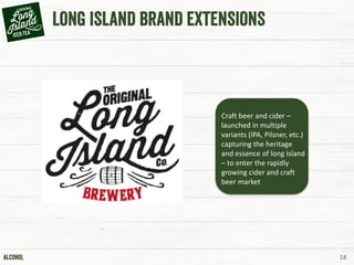 18
Craft beer and cider –
launched in multiple
variants (IPA, Pilsner, etc.)
capturing the heritage
and essence of long Island
– to enter the rapidly
growing cider and craft
beer market
 