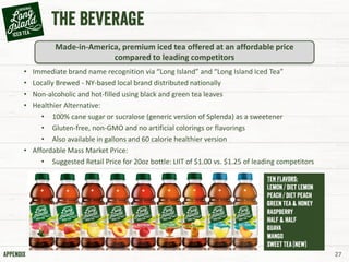 • Immediate brand name recognition via “Long Island” and “Long Island Iced Tea”
• Locally Brewed - NY-based local brand distributed nationally
• Non-alcoholic and hot-filled using black and green tea leaves
• Healthier Alternative:
• 100% cane sugar or sucralose (generic version of Splenda) as a sweetener
• Gluten-free, non-GMO and no artificial colorings or flavorings
• Also available in gallons and 60 calorie healthier version
• Affordable Mass Market Price:
• Suggested Retail Price for 20oz bottle: LIIT of $1.00 vs. $1.25 of leading competitors
27
Made-in-America, premium iced tea offered at an affordable price
compared to leading competitors
 