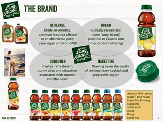 7
Lemon / Diet Lemon
Peach / Diet Peach
Green Tea & Honey
Raspberry
Half & Half
Guava
Mango
Sweet Tea
Made-in-America,
premium iced tea offered
at an affordable price;
cane sugar and Non-GMO
Globally recognized
name ‘Long Island’,
potential to expand into
other product offerings
Inspires refreshment,
sunny days and relaxation
associated with summer
and the beach
Drawing upon the equity
of the legendary cocktail and
geographic region
 