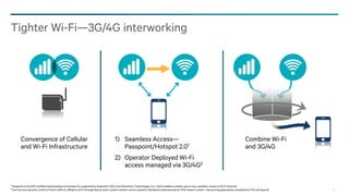 Tighter Wi-Fi—3G/4G interworking

Convergence of Cellular
and Wi-Fi Infrastructure

1) Seamless Access—
Passpoint/Hotspot 2.01

Combine Wi-Fi
and 3G/4G

2) Operator Deployed Wi-Fi
access managed via 3G/4G2
1 Passpoint is the WFA certified implementation of hotspot 2.0, supported by Qualcomm (QCA, and Qualcomm Technologies, Inc.), which enables a simpler, secure and seamless access to Wi-Fi networks.
2 Such as more dynamic control of which traffic to offload to Wi-Fi through device centric and/or network centric solutions. Standards enhancements for RAN network centric interworking approaches considered for R12 and beyond.

37

 