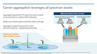 7
Carrier aggregation leverages all spectrum assets
Aggregatefragmented LTE spectrumwithina band
or acrossbands to createa fatter datapipe
Better use of lower spectrumband’s wider coverage
Aggregateunpaired spectrumfor more
downlink capacity—supplemental downlink
Example: Carrier 1 used for wide area macro coverage, butalso by small cell, carrier 2 usedby all nodes, butwithlower poweraround macrocell. Frequency domain interference management(carrier aggregation) canbe combinedwith eICIC(time domain coordination) interference mgnt
1Aggregation of either FDD or TDD from 3GPP R10, aggregationof FDD and TDD withinthe same node and differentnodes (multiflow) are 3GPPR12 candidates
Enhances HetNets
with multiple carriers
7
LTECarrier#3
LTECarrier#1
LTECarrier#4
LTECarrier#2
LTECarrier#5
Macro
Carrier2
Smal cell Small cell
Carrier1
Aggregate within or acrossbands
(FDD or/and TDD)1
e.g. 10MHze.g. 10MHz
SupplementalDownlink
(FDD)
e.g.
2.6 GHz
e.g.
800 MHz
e.g.
700MHz
Balances loadacross carriers
Aggregated
Data Pipe
e.g. 10MHz
 