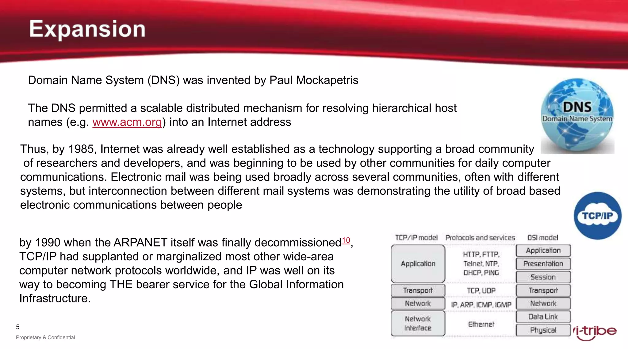 5
Proprietary & Confidential
Domain Name System (DNS) was invented by Paul Mockapetris
The DNS permitted a scalable distributed mechanism for resolving hierarchical host
names (e.g. www.acm.org) into an Internet address
Thus, by 1985, Internet was already well established as a technology supporting a broad community
of researchers and developers, and was beginning to be used by other communities for daily computer
communications. Electronic mail was being used broadly across several communities, often with different
systems, but interconnection between different mail systems was demonstrating the utility of broad based
electronic communications between people
by 1990 when the ARPANET itself was finally decommissioned10,
TCP/IP had supplanted or marginalized most other wide-area
computer network protocols worldwide, and IP was well on its
way to becoming THE bearer service for the Global Information
Infrastructure.
 