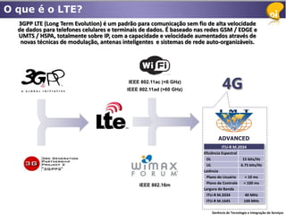 O que é o LTE?
  3GPP LTE (Long Term Evolution) é um padrão para comunicação sem fio de alta velocidade
  de dados para telefones celulares e terminais de dados. É baseado nas redes GSM / EDGE e
  UMTS / HSPA, totalmente sobre IP, com a capacidade e velocidade aumentados através de
   novas técnicas de modulação, antenas inteligentes e sistemas de rede auto-organizáveis.




                                          IEEE 802.11ac (<6 GHz)
                                          IEEE 802.11ad (>60 GHz)               4G


                                                                              ADVANCED
                                                                                 ITU-R M.2034
                                                                      Eficiência Espectral
                                                                       DL                   15 bits/Hz
                                                                       UL                  6.75 bits/Hz
                                                                      Latência
                                                                       Plano do Usuário      < 10 ms
                                                                       Plano de Controle < 100 ms
                                               IEEE 802.16m
                                                                      Largura de Banda
                                                                       ITU-R M.2034          40 MHz
                                                                       ITU-R M.1645          100 MHz

                                                                          Gerência de Tecnologia e Integração de Serviços
 