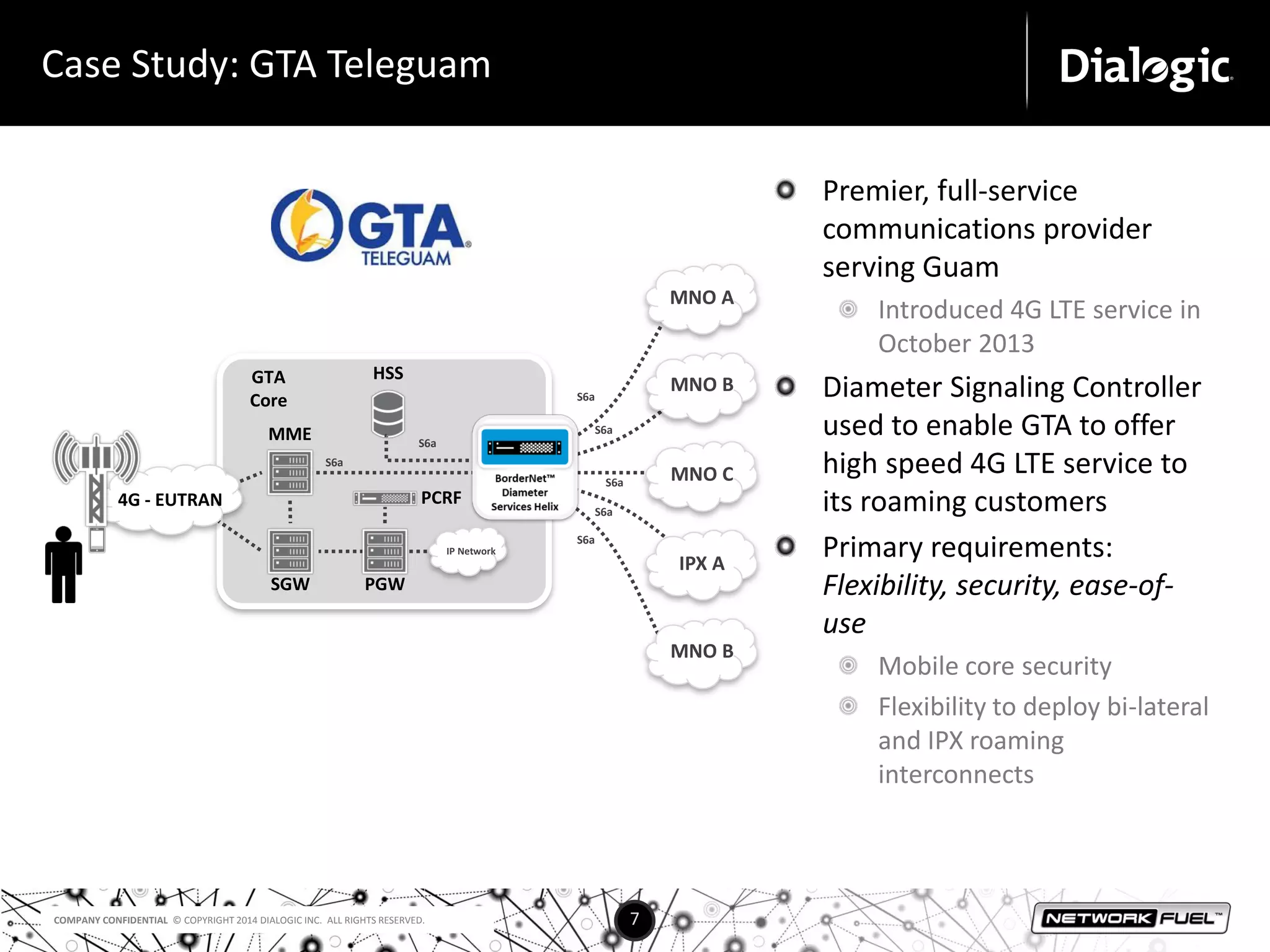 Case Study: GTA Teleguam 
MME 
S6a 
COMPANY CONFIDENTIAL © COPYRIGHT 2014 DIALOGIC INC. ALL RIGHTS RESERVED. 7 
Premier, full-service 
communications provider 
serving Guam 
Introduced 4G LTE service in 
October 2013 
Diameter Signaling Controller 
used to enable GTA to offer 
high speed 4G LTE service to 
its roaming customers 
Primary requirements: 
Flexibility, security, ease-of-use 
Mobile core security 
Flexibility to deploy bi-lateral 
and IPX roaming 
interconnects 
SGW 
4G - EUTRAN 
S6a 
HSS 
PGW 
PCRF 
S6a 
S6a 
S6a 
S6a 
S6a 
MNO A 
MNO B 
MNO C 
IPX A 
MNO B 
IP Network 
GTA 
Core 
Always nice to see vendor use cases 
I wish more vendors would include them 
to make their products and claims real. 
 