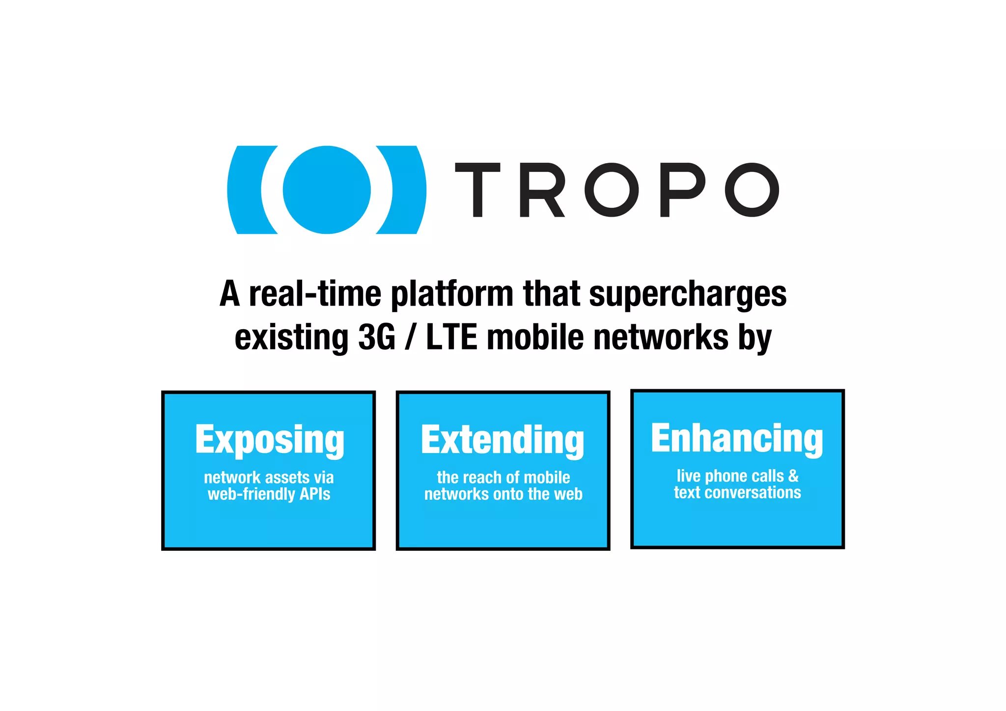 A real-time platform that supercharges" 
existing 3G / LTE mobile networks by 
Enhancing 
live phone calls & 
text conversations 
Extending 
the reach of mobile 
networks onto the web 
Exposing 
network assets via " 
web-friendly APIs 
 
