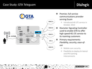 Case Study: GTA Teleguam 
MME 
S6a 
COMPANY CONFIDENTIAL © COPYRIGHT 2014 DIALOGIC INC. ALL RIGHTS RESERVED. 7 
Premier, full-service 
communications provider 
serving Guam 
Introduced 4G LTE service in 
October 2013 
Diameter Signaling Controller 
used to enable GTA to offer 
high speed 4G LTE service to 
its roaming customers 
Primary requirements: 
Flexibility, security, ease-of-use 
Mobile core security 
Flexibility to deploy bi-lateral 
and IPX roaming 
interconnects 
SGW 
4G - EUTRAN 
S6a 
HSS 
PGW 
PCRF 
S6a 
S6a 
S6a 
S6a 
S6a 
MNO A 
MNO B 
MNO C 
IPX A 
MNO B 
IP Network 
GTA 
Core 
Always nice to see vendor use cases 
I wish more vendors would include them 
to make their products and claims real. 
 