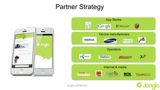 Partner Strategy 
Jongla confidential 
App Stores 
Device manufacturers 
Operators 
Internet & media 
 