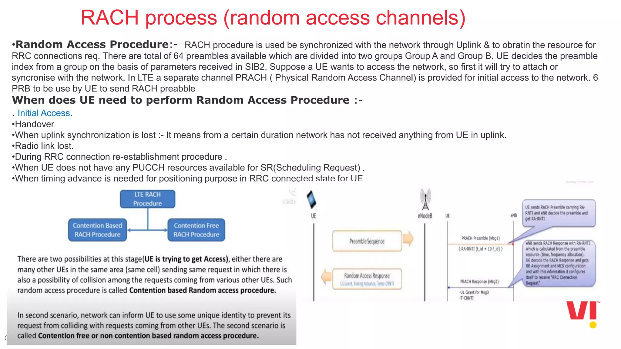 C2 – Vodafone Idea Internal
RACH process (random access channels)
•Random Access Procedure:- RACH procedure is used be synchronized with the network through Uplink & to obratin the resource for
RRC connections req. There are total of 64 preambles available which are divided into two groups Group A and Group B. UE decides the preamble
index from a group on the basis of parameters received in SIB2, Suppose a UE wants to access the network, so first it will try to attach or
syncronise with the network. In LTE a separate channel PRACH ( Physical Random Access Channel) is provided for initial access to the network. 6
PRB to be use by UE to send RACH preabble
When does UE need to perform Random Access Procedure :-
. Initial Access.
•Handover
•When uplink synchronization is lost :- It means from a certain duration network has not received anything from UE in uplink.
•Radio link lost.
•During RRC connection re-establishment procedure .
•When UE does not have any PUCCH resources available for SR(Scheduling Request) .
•When timing advance is needed for positioning purpose in RRC connected state for UE
 