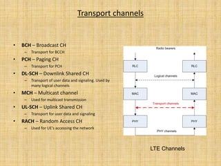 Transport channels
• BCH – Broadcast CH
– Transport for BCCH
• PCH – Paging CH
– Transport for PCH
• DL-SCH – Downlink Shared CH
– Transport of user data and signaling. Used by
many logical channels
• MCH – Multicast channel
– Used for multicast transmission
• UL-SCH – Uplink Shared CH
– Transport for user data and signaling
• RACH – Random Access CH
– Used for UE’s accessing the network
LTE Channels
 