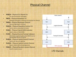 Physical Channel
• PDSCH – Physical DL Shared CH
– Uni-cast transmission and paging
• PBCH – Physical Broadcast CH
– Broadcast information necessary for accessing the network
• PMCH – Physical Multicast Channel
– Data and signaling for multicast
• PDCCH – Physical Downlink Control CH
– Carries mainly scheduling information
• PHICH – Physical Hybrid ARQ Indicator
– Reports status of Hybrid ARQ
• PCIFIC – Physical Control Format Indicator
– Information required by UE so that PDSCH can be
demodulated (format of PDSCH)
• PUSCH – Physical Uplink Shared Channel
– Uplink user data and signaling
• PUCCH – Physical Uplink Control Channel
– Reports Hybrid ARQ acknowledgements
• PRACH – Physical Random Access Channel
– Used for random access
LTE Channels
 