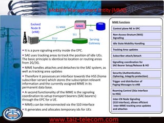 Mobility Management Entity (MME)
9/13/2020 15
Evolved
Node B
(eNB)
MME
Serving
Gateway
S1-U
S1-MME
S11
HSS
S6a
• It is a pure signaling entity inside the EPC.
• SAE uses tracking areas to track the position of idle UEs.
The basic principle is identical to location or routing areas
from 2G/3G.
• MME handles attaches and detaches to the SAE system, as
well as tracking area updates
• Therefore it possesses an interface towards the HSS (home
subscriber server) which stores the subscription relevant
information and the currently assigned MME in its
permanent data base.
• A second functionality of the MME is the signaling
coordination to setup transport bearers (SAE bearers)
through the EPC for a UE.
• MMEs can be interconnected via the S10 interface
• It generates and allocates temporary ids for UEs
Non-Access-Stratum (NAS)
Signalling
Idle State Mobility Handling
Tracking Area updates
Security (Authentication,
Ciphering, Integrity protection)
Trigger and distribution of
Paging Messages to eNB
Roaming Control (S6a interface
to HSS)
Inter-CN Node Signaling
(S10 interface), allows efficient
inter-MME tracking area updates
and attaches
Signalling coordination for
SAE Bearer Setup/Release & HO
Subscriber attach/detach
Control plane NE in EPC
MME Functions
 