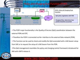 Policy and Charging Rule Function (PCRF)
9/13/2020 17
MME
Serving
Gateway
S5/S8
PDN SAE
Gateway
PDN
SGi
PCRF
S7 Rx+
S11
S6a
Charging Policy: determines how
packets should be accounted
PCRF: Policy & Charging Rule
Function
QoS policy negotiation with PDN
• The PCRF major functionality is the Quality of Service (QoS) coordination between the
external PDN and EPC.
• Therefore the PCRF is connected via Rx+ interface to the external Data network (PDN)
• This function can be used to check and modify the QoS associated with a SAE bearer setup
from SAE or to request the setup of a SAE bearer from the PDN.
•This QoS management resembles the policy and charging control framework introduced for
IMS with UMTS release 6.
 