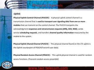 Physical Channels
9/13/2020 37
Uplink:
Physical Uplink Control Channel (PUCCH) : A physical uplink control channel is a
transmission channel that is used to transport user signaling data from one or more
mobiles that can transmit on the control channel. The PUCCH transports the
acknowledgment responses and retransmission requests (ARQ, ACK, NAK), sends
service scheduling requests, and transfers channel quality information measured by the
mobile to the system.
Physical Uplink Shared Channel (PUSCH) : This physical channel found on the LTE uplink is
the Uplink counterpart of PDSCH(Transmit user data)
Physical Random Access Channel (PRACH) : This uplink physical channel is used for random
access functions. (Transmit random access preamble)
 