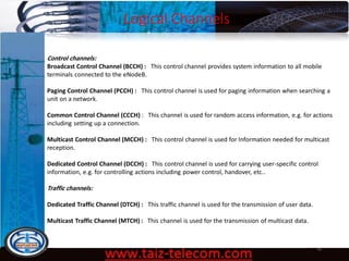 Logical Channels
9/13/2020 40
Control channels:
Broadcast Control Channel (BCCH) : This control channel provides system information to all mobile
terminals connected to the eNodeB.
Paging Control Channel (PCCH) : This control channel is used for paging information when searching a
unit on a network.
Common Control Channel (CCCH) : This channel is used for random access information, e.g. for actions
including setting up a connection.
Multicast Control Channel (MCCH) : This control channel is used for Information needed for multicast
reception.
Dedicated Control Channel (DCCH) : This control channel is used for carrying user-specific control
information, e.g. for controlling actions including power control, handover, etc..
Traffic channels:
Dedicated Traffic Channel (DTCH) : This traffic channel is used for the transmission of user data.
Multicast Traffic Channel (MTCH) : This channel is used for the transmission of multicast data.
 