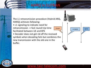 HARQ in EUTRAN
9/13/2020 61
Packet
L1 NACK ReTX
The L1 retransmission procedure (Hybrid ARQ,
HARQ) achieves following:
• L1 signaling to indicate need for
retransmission -> fast round trip time
facilitated between UE and BTS
• Decoder does not get rid off the received
symbols when decoding fails but combines the
new transmission with the old one in the
buffer.
 