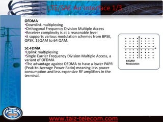 LTE/SAE Air Interface 1/3
9/13/2020 9
OFDMA
•Downlink multiplexing
•Orthogonal Frequency Division Multiple Access
•Receiver complexity is at a reasonable level
•it supports various modulation schemes from BPSK,
QPSK, 16QAM to 64 QAM.
SC-FDMA
•Uplink multiplexing
•Single Carrier Frequency Division Multiple Access, a
variant of OFDMA
•The advantage against OFDMA to have a lower PAPR
(Peak-to-Average Power Ratio) meaning less power
consumption and less expensive RF amplifiers in the
terminal.
64QAM
Modulation
 